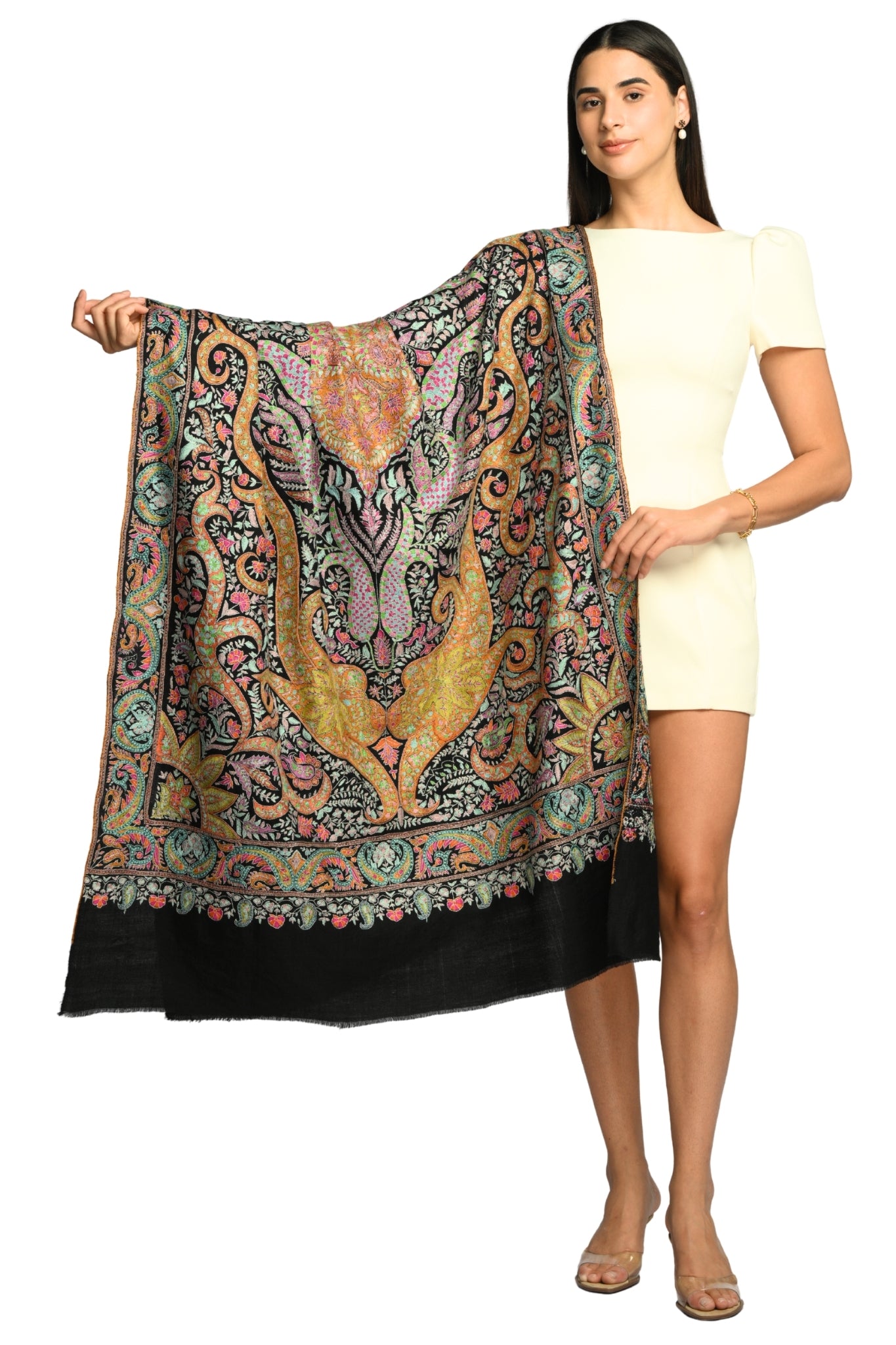 Black Hand Embroidered Pure Pashmina Sozni Shawl Taroob