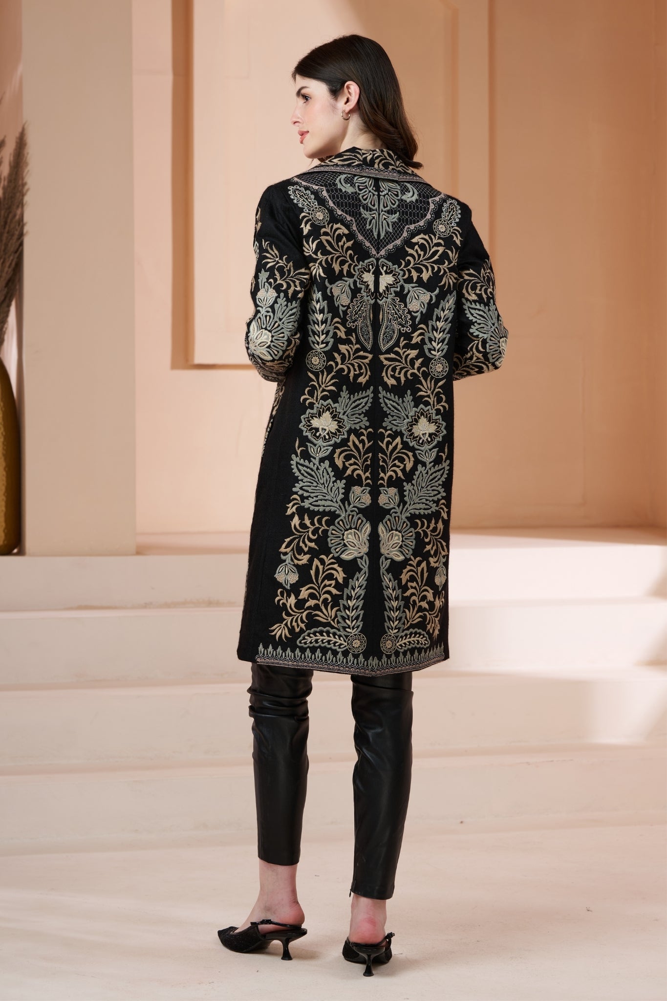 Embroidered Royal Wool Long Coat – Women's – Detail view | Taroob