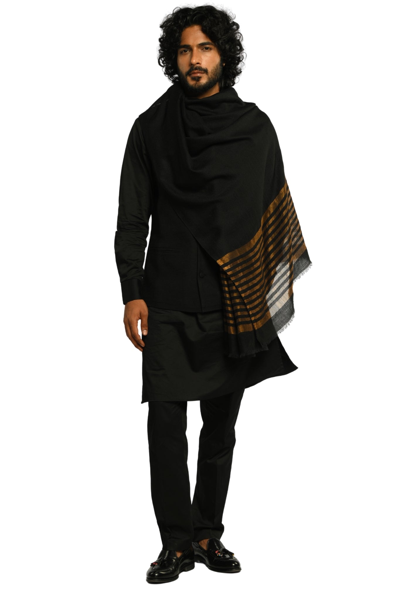 Men's Black Zari Stripe Wool Scarf Taroob