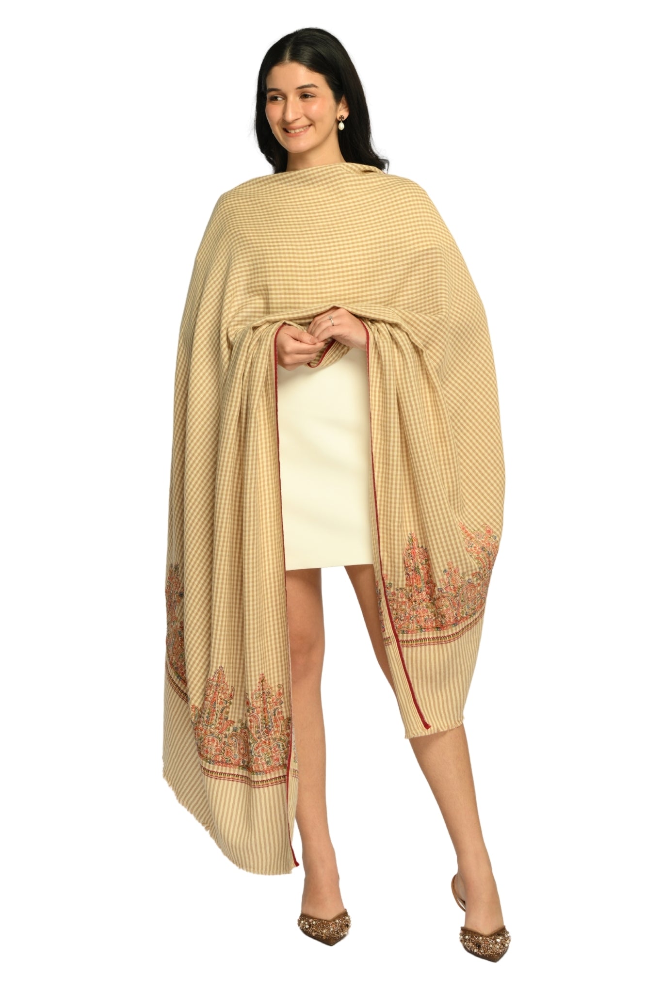 Taroob Embroidered Wool Checkered Shawl