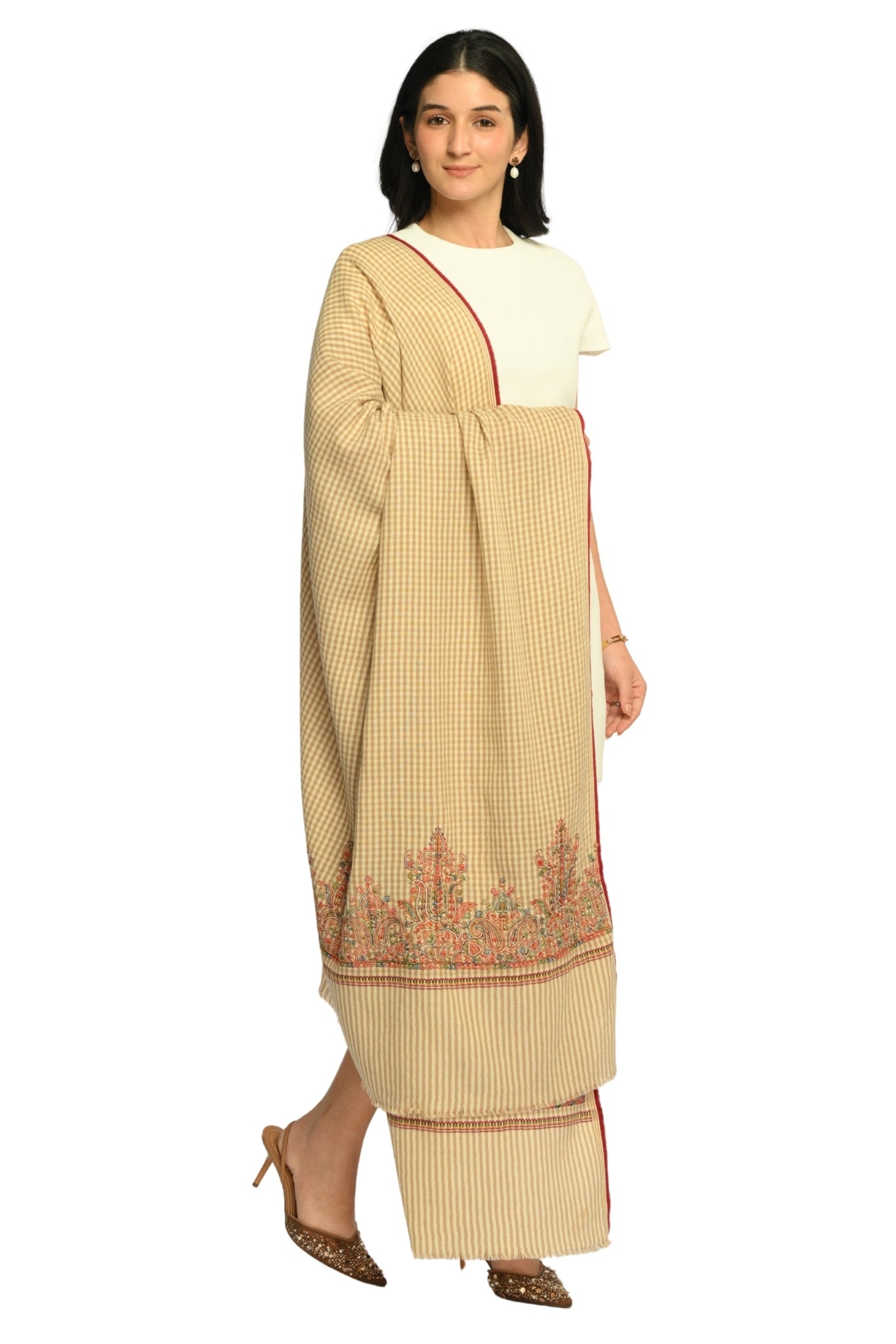 Taroob Embroidered Wool Checkered Shawl