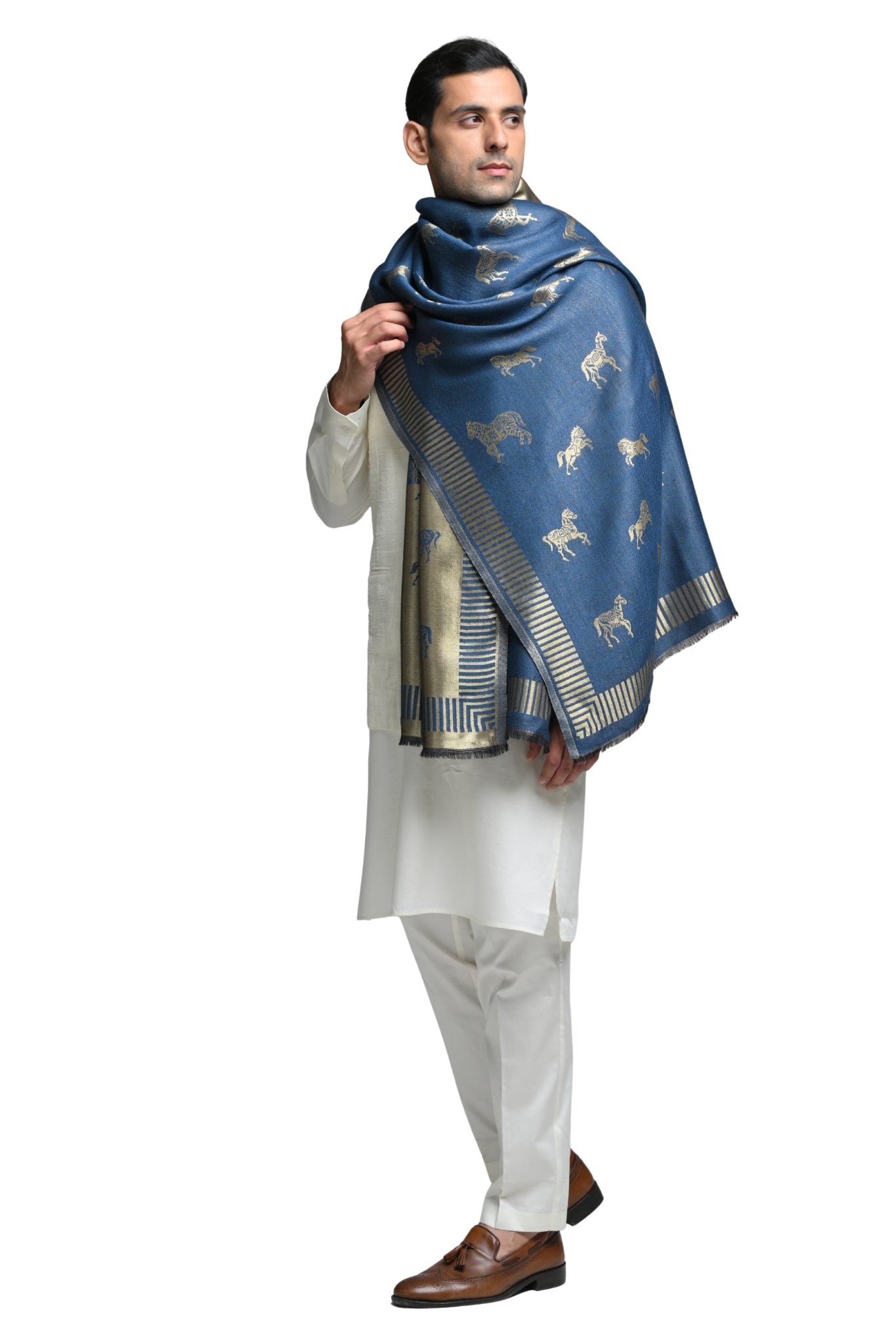 Resham Heritage Stole – Men's Zari Stoles – Styling view | Taroob