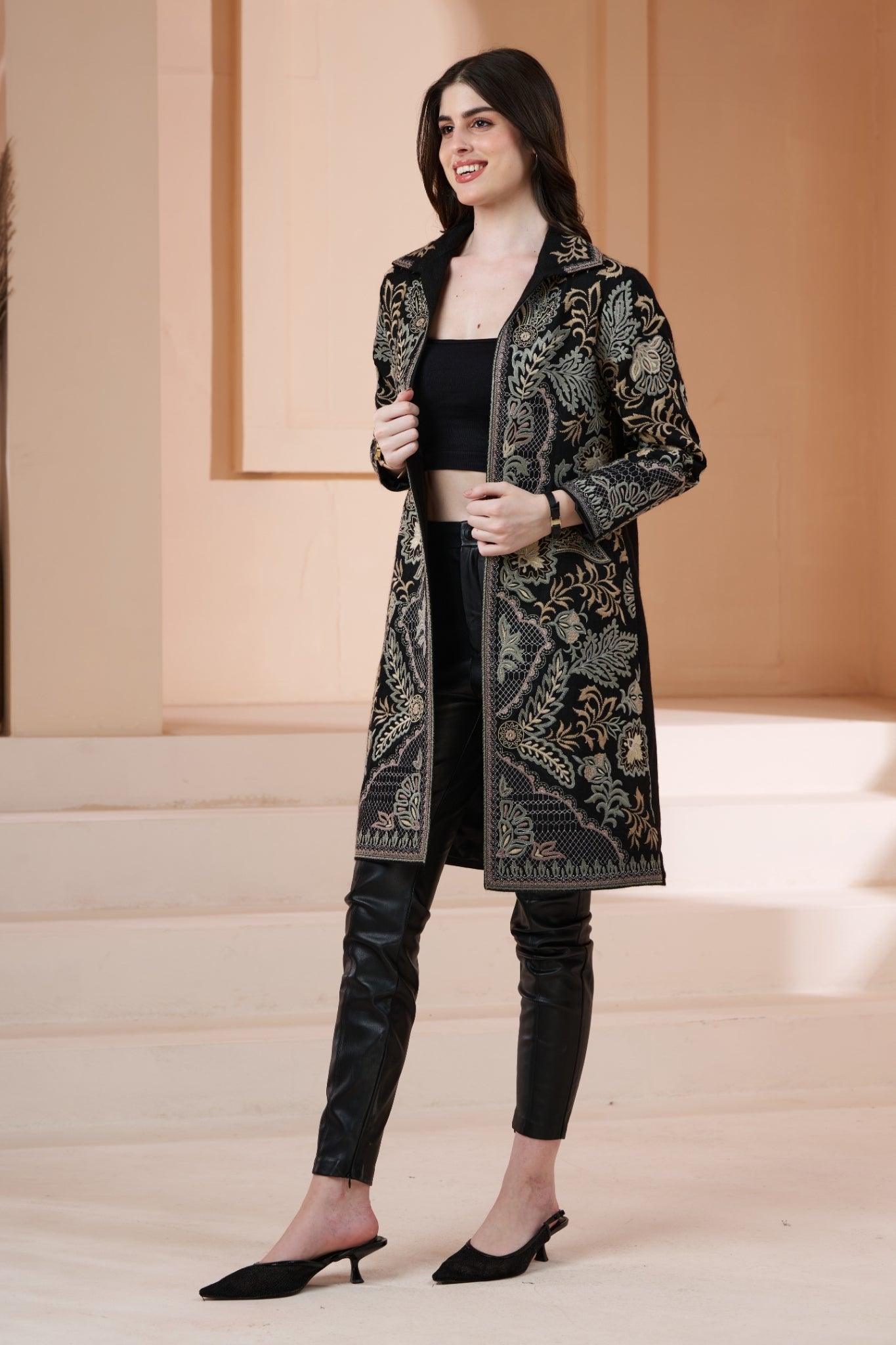 Embroidered Royal Wool Long Coat – Women's – View 5 | Taroob