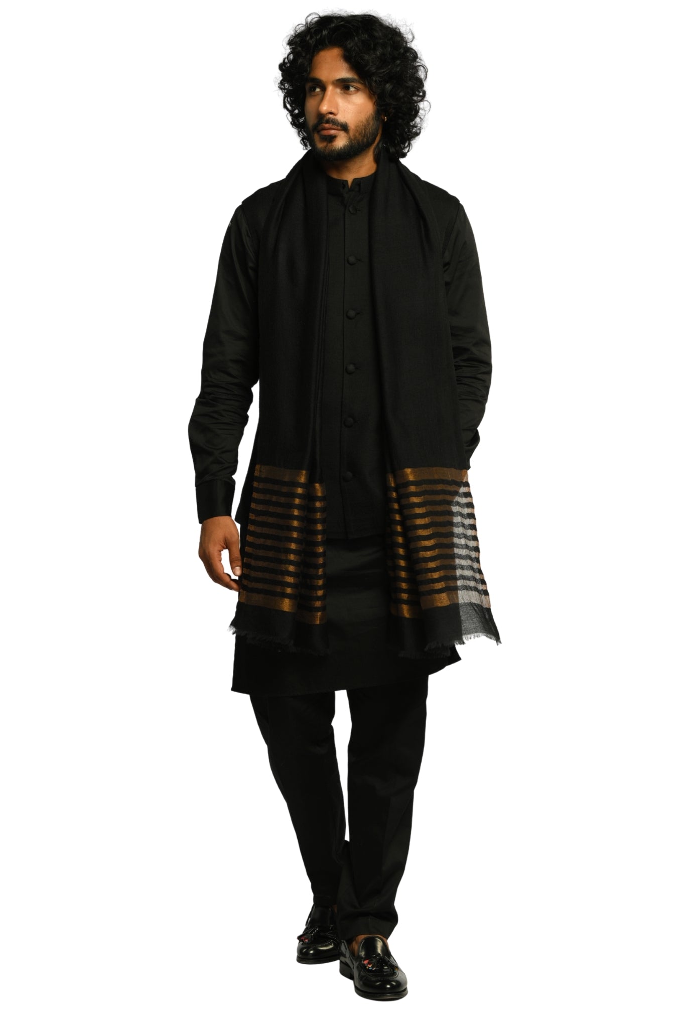 Men's Black Zari Stripe Wool Scarf Taroob
