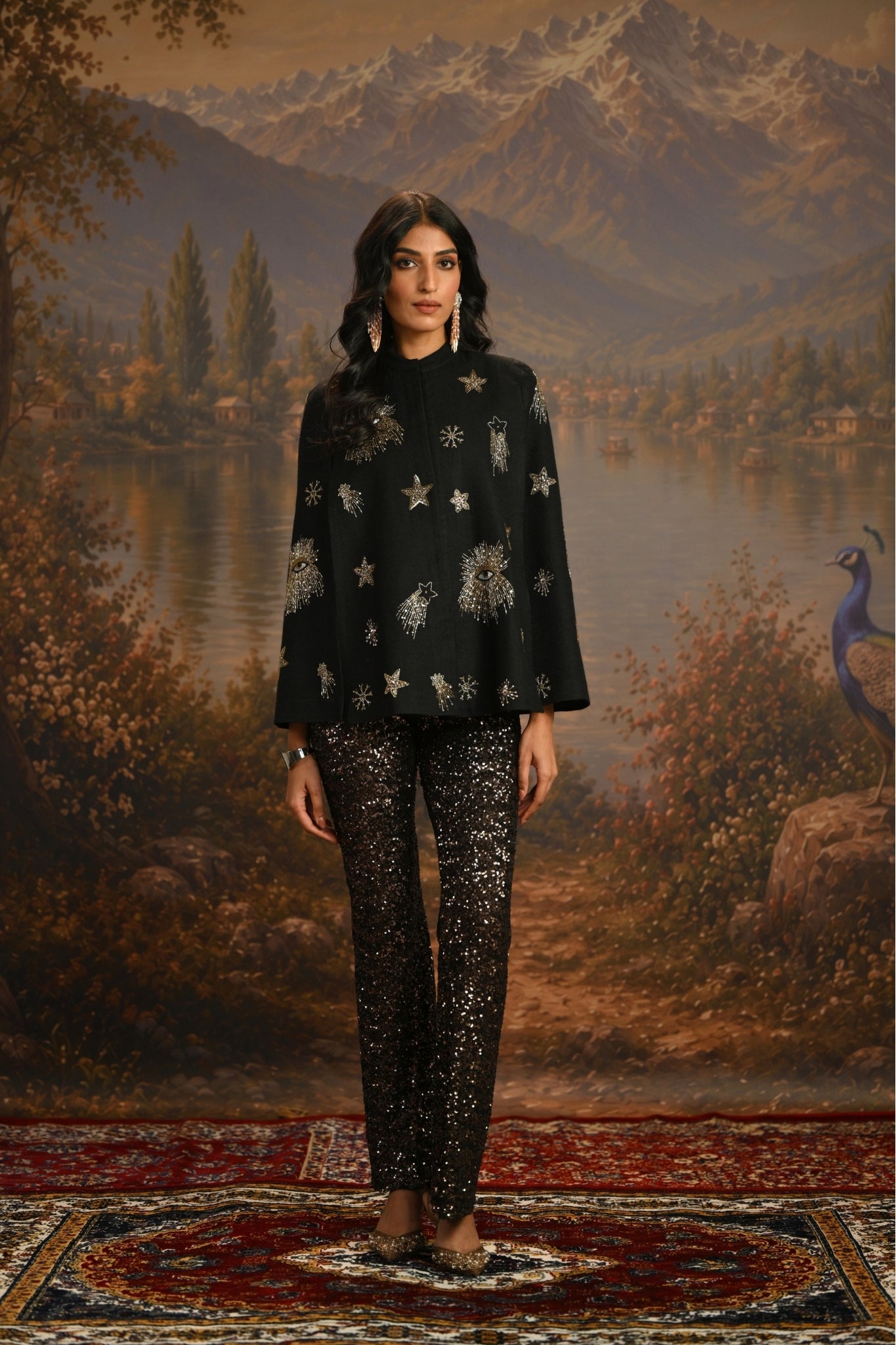 Black Embroidered Starry Eyes Cape Taroob