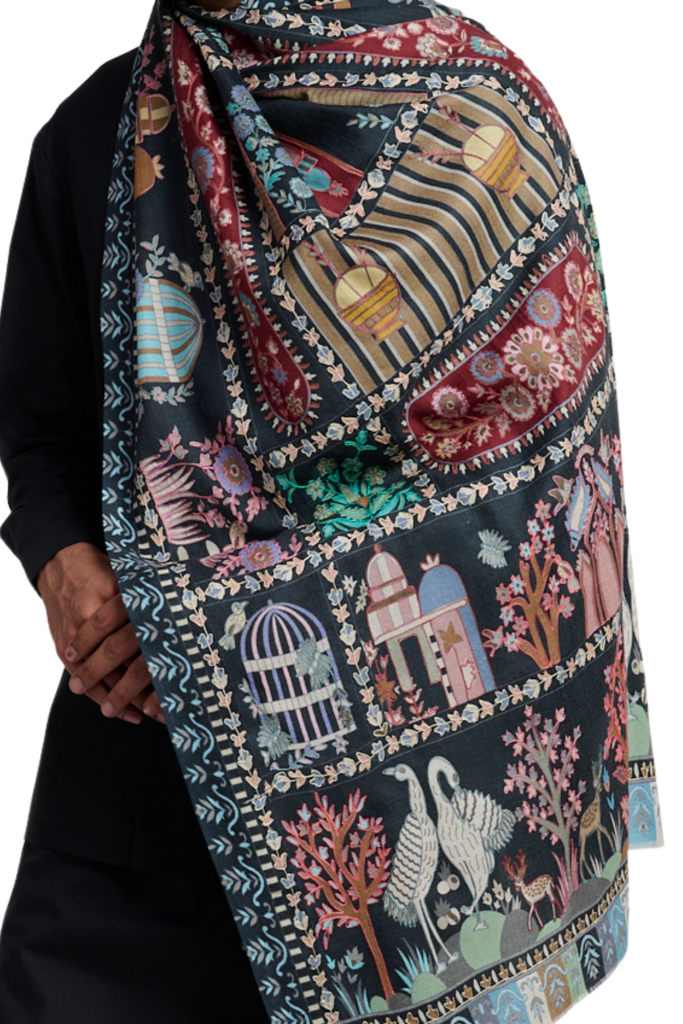 Men's Emrboidered Fine Wool Kalamkari Stole – Kalamkari Stoles – View 6 | Taroob