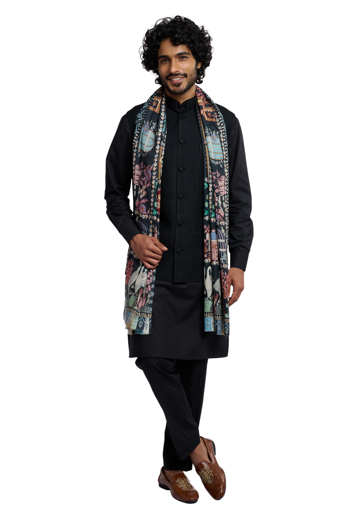 Men's Emrboidered Fine Wool Kalamkari Stole – Kalamkari Stoles – Detail view | Taroob