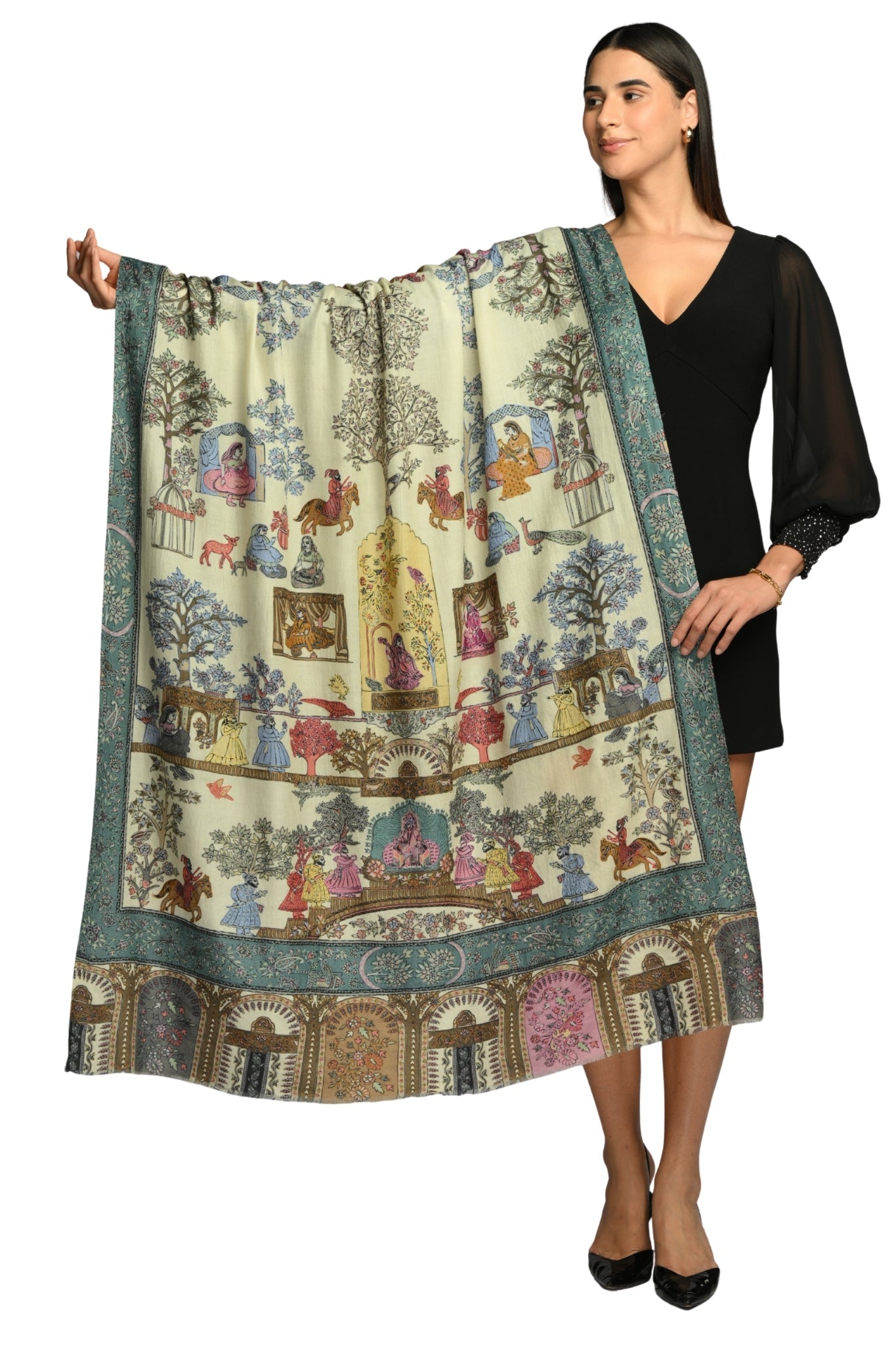 Taroob Shahi Darbar Kalamkari Wool Shawl