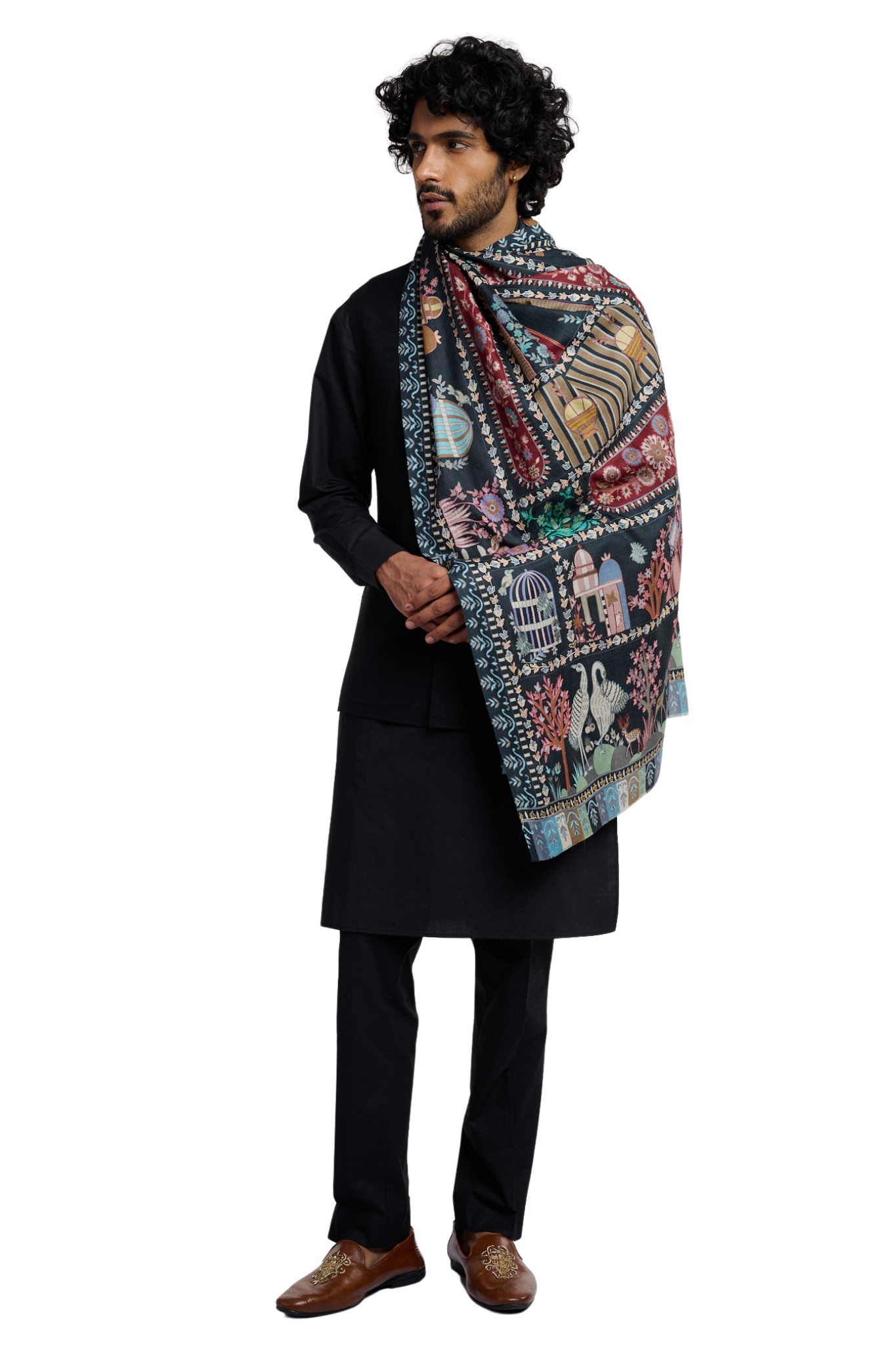 Men's Emrboidered Fine Wool Kalamkari Stole – Kalamkari Stoles – View 5 | Taroob