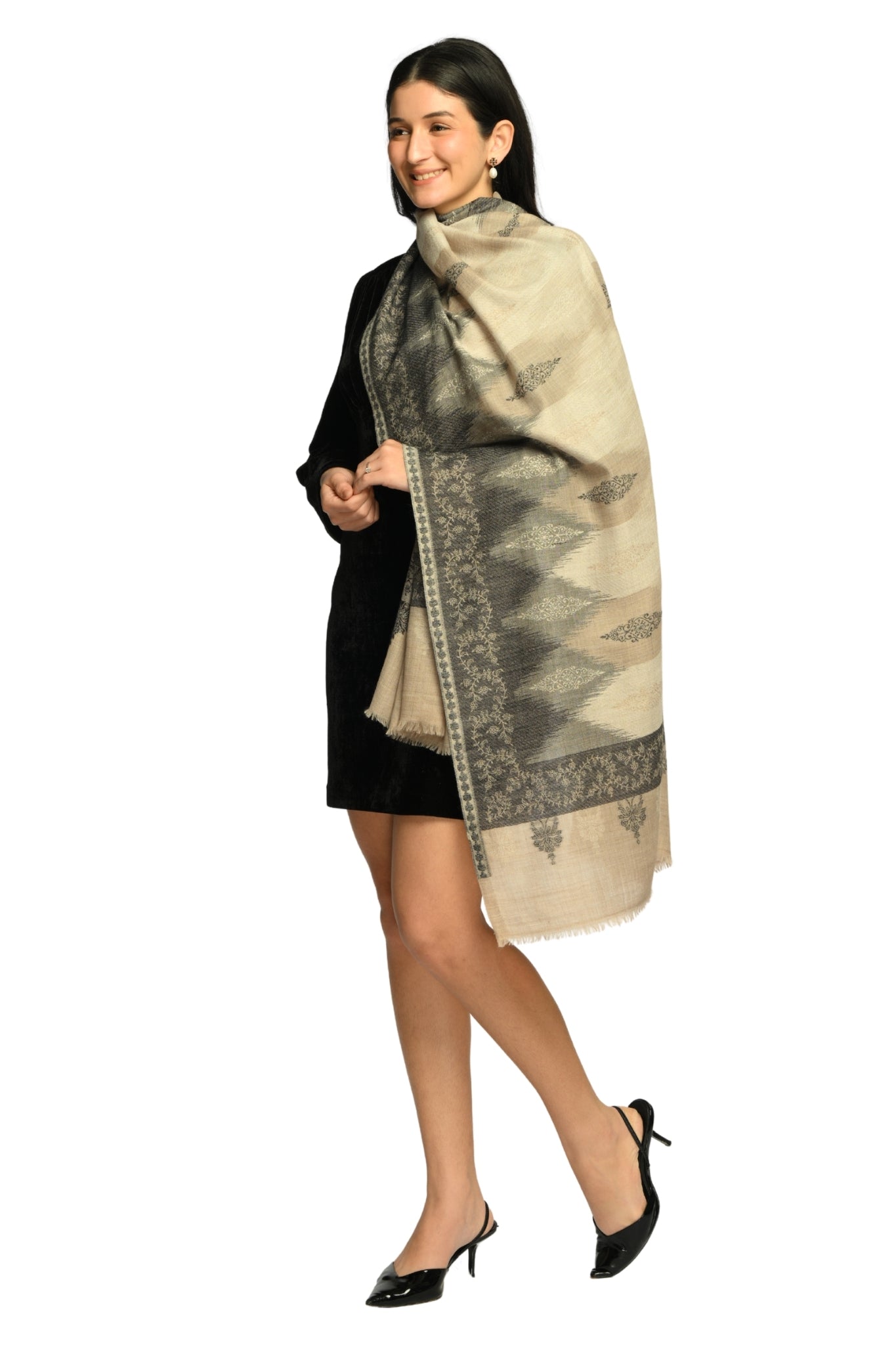 Women's Beige Ikat Kaani Jacquard Wool Stole Taroob