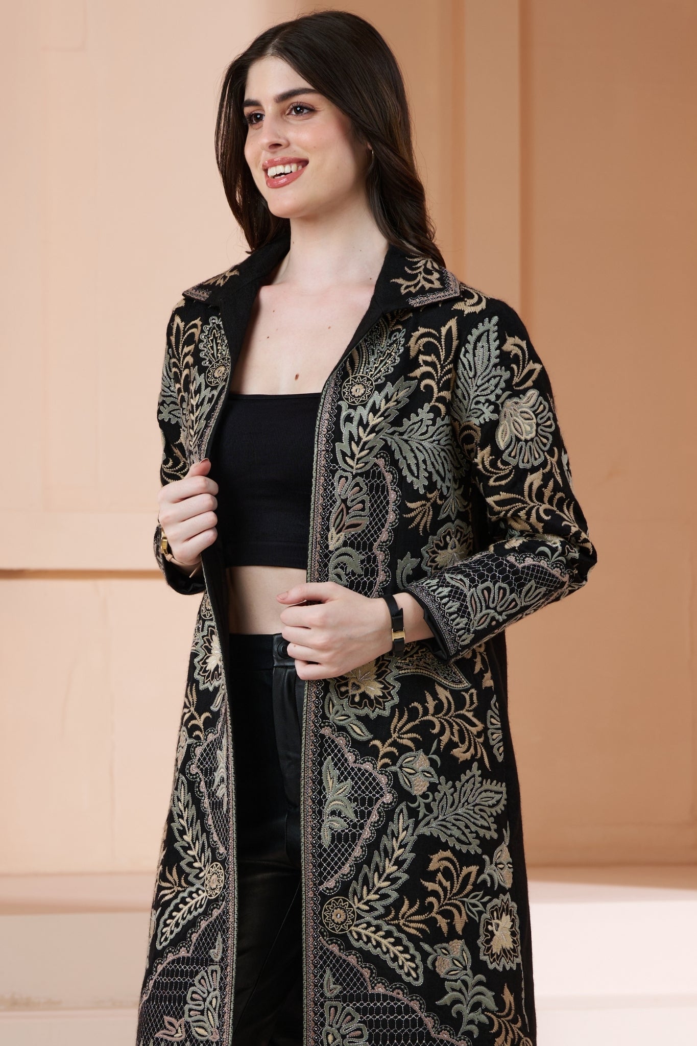 Embroidered Royal Wool Long Coat – Women's – Alternate view | Taroob