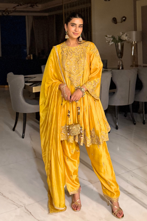 Bhavdeep in MUSTARD ZARQASH HAND EMBROIDERED KALIDAR KURTA SET