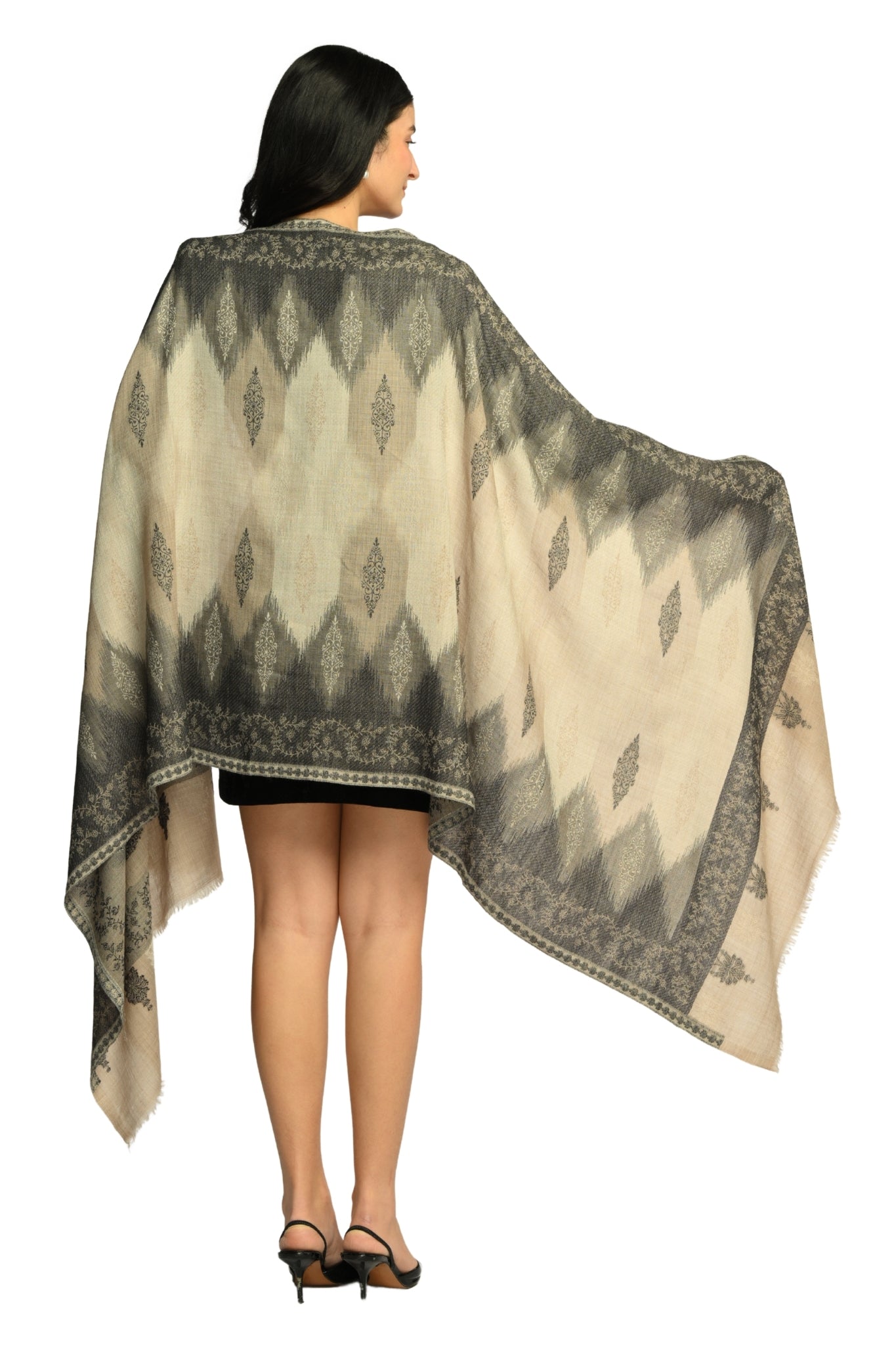 Women's Beige Ikat Kaani Jacquard Wool Stole Taroob