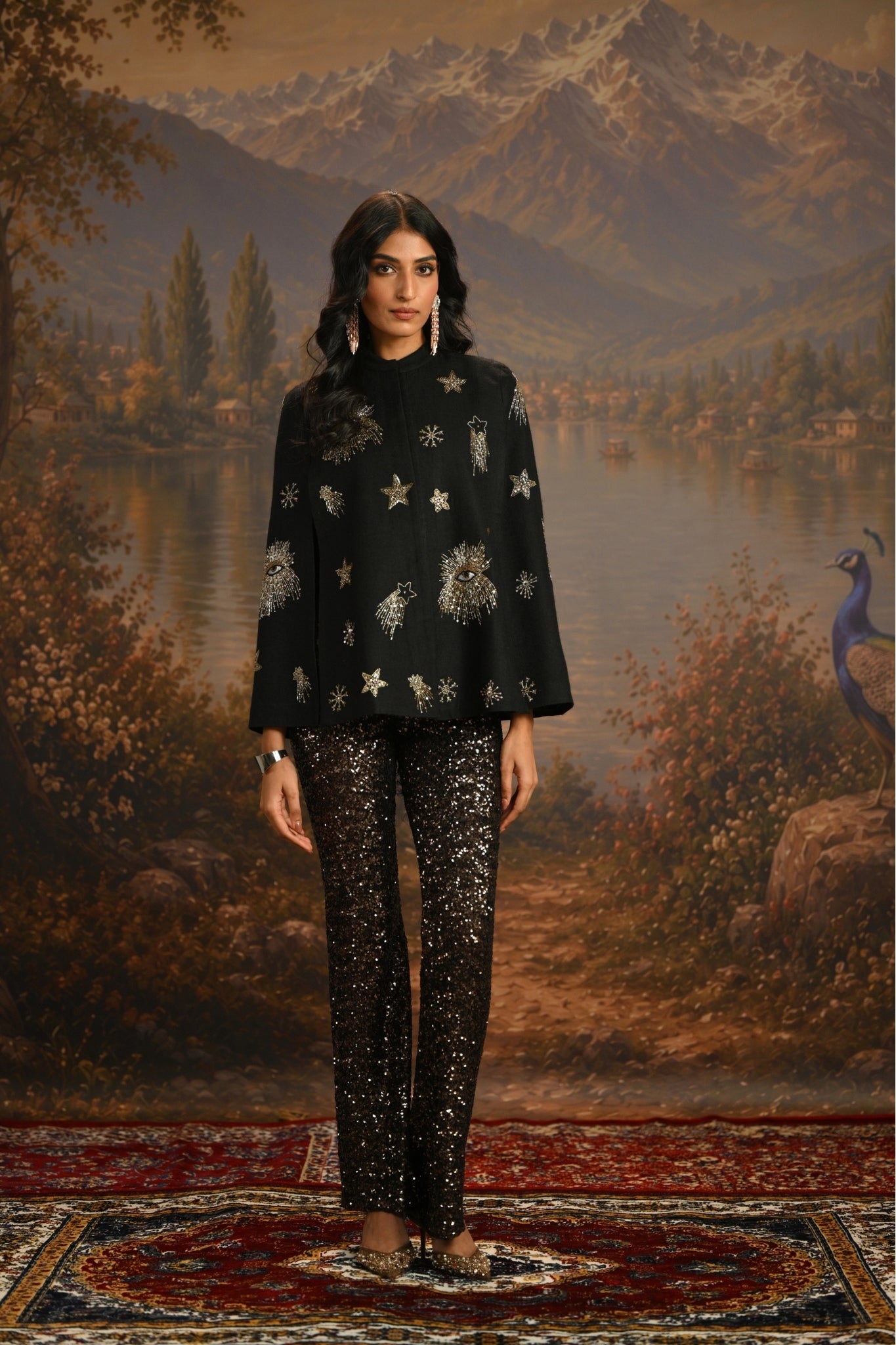 Black Embroidered Starry Eyes Cape Taroob