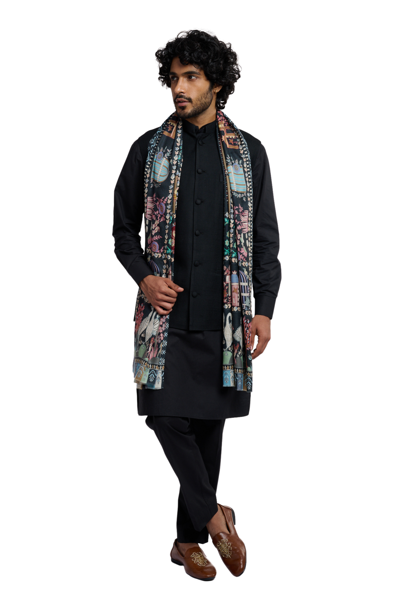Men's Emrboidered Fine Wool Kalamkari Stole – Kalamkari Stoles – Styling view | Taroob