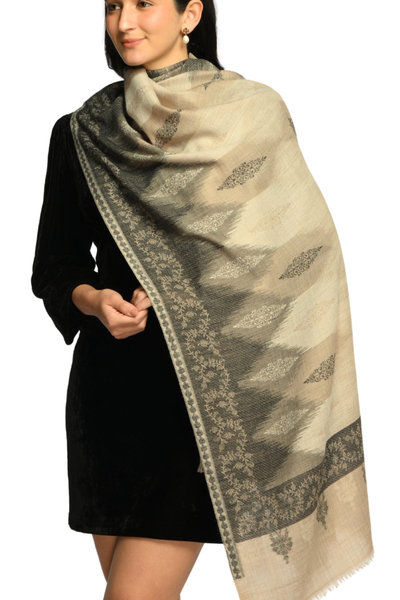Women's Beige Ikat Kaani Jacquard Wool Stole Taroob
