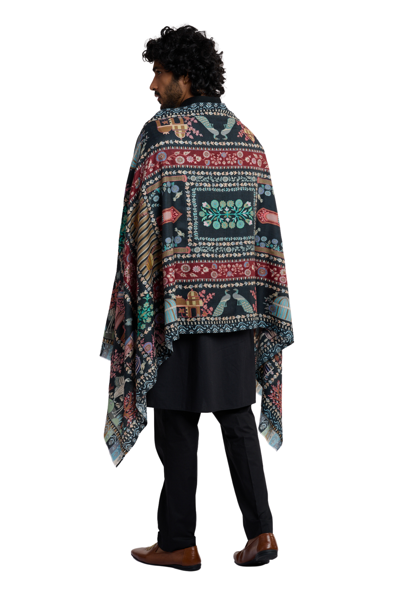Men's Emrboidered Fine Wool Kalamkari Stole – Kalamkari Stoles – Alternate view | Taroob