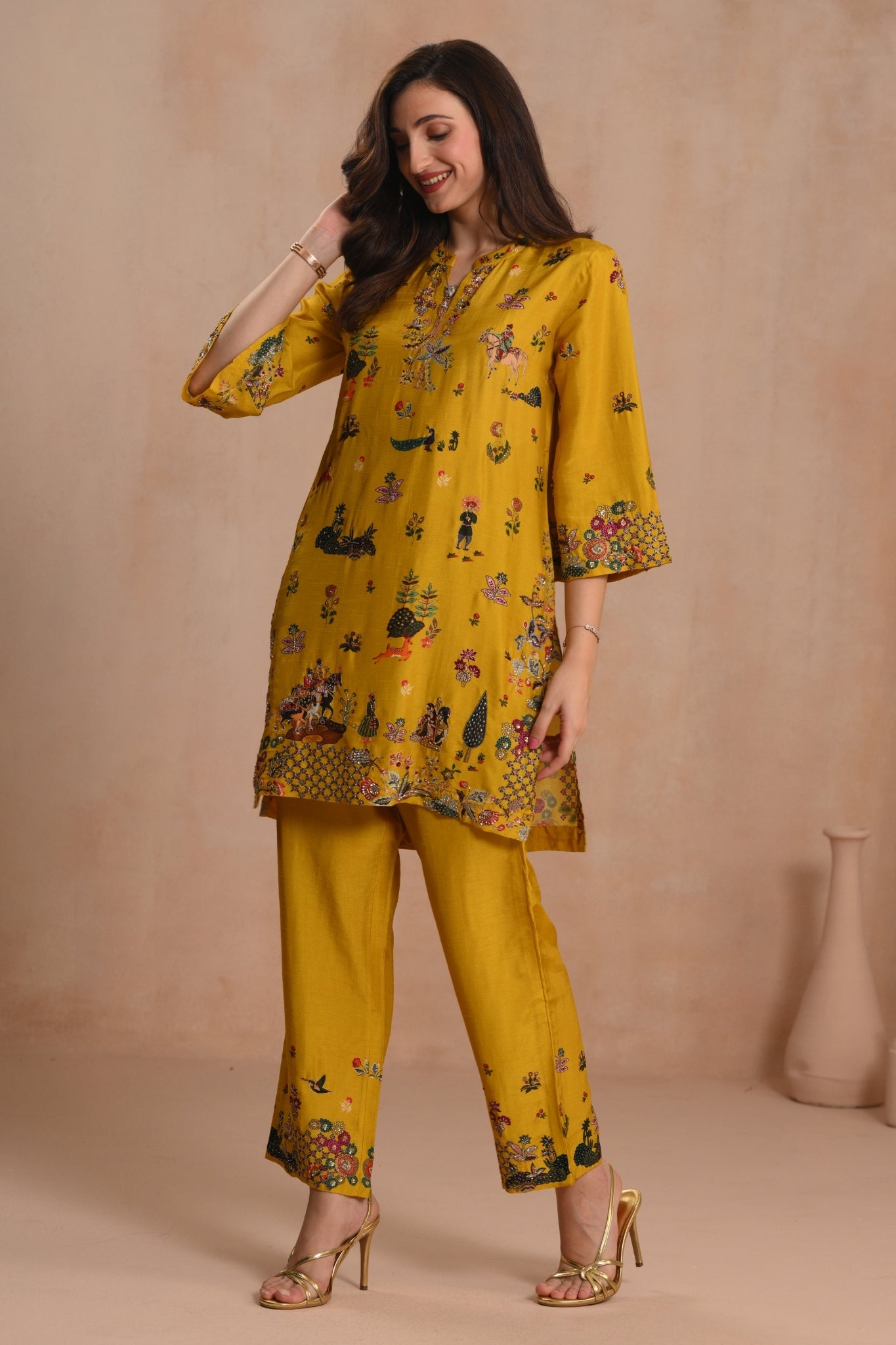 Women's Mustard Basant Darbar Embroidered Kurta Set Taroob