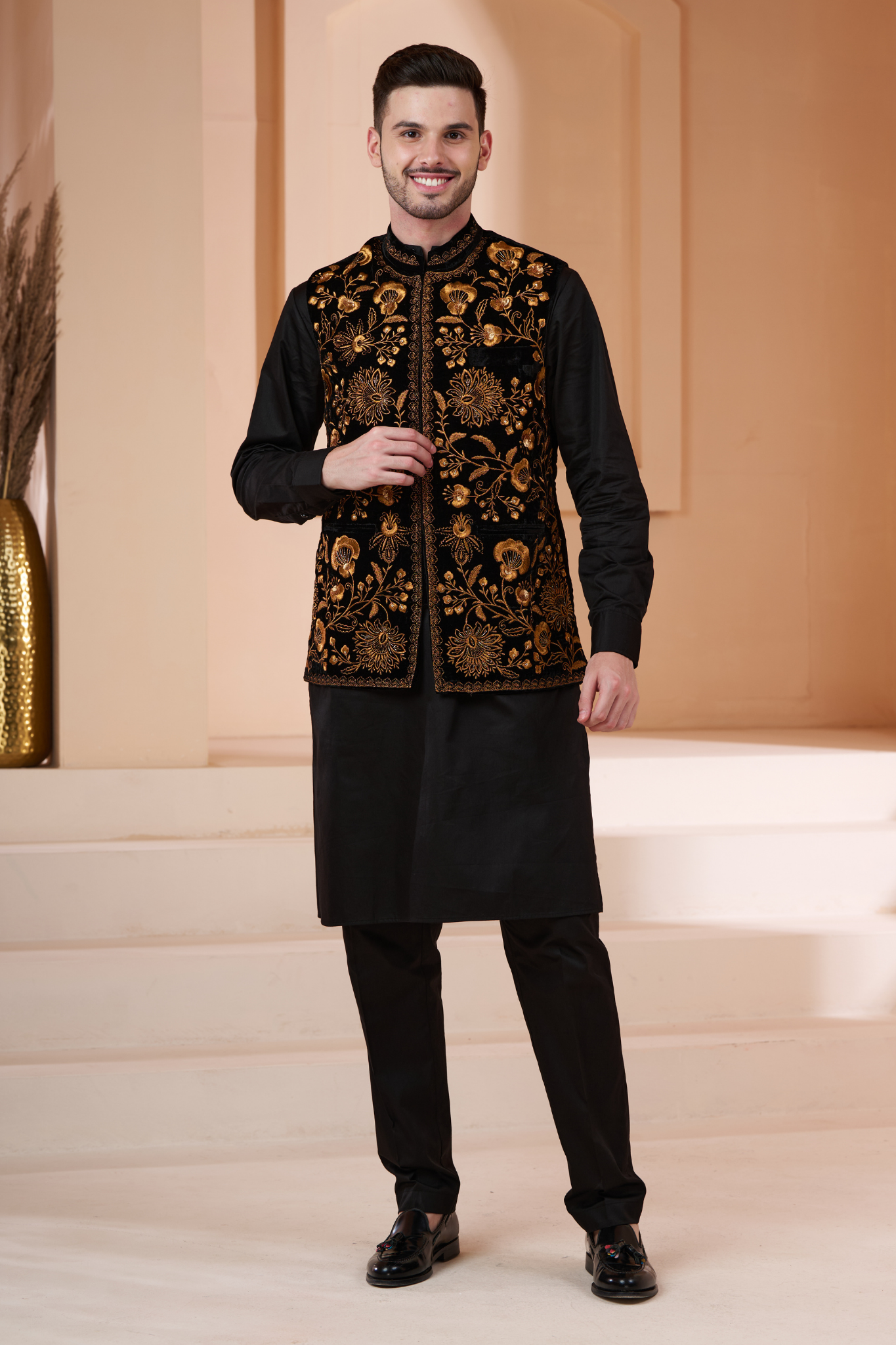 Taroob Embroidered Velvet Vogue Nehru Jacket , Men's Bandi