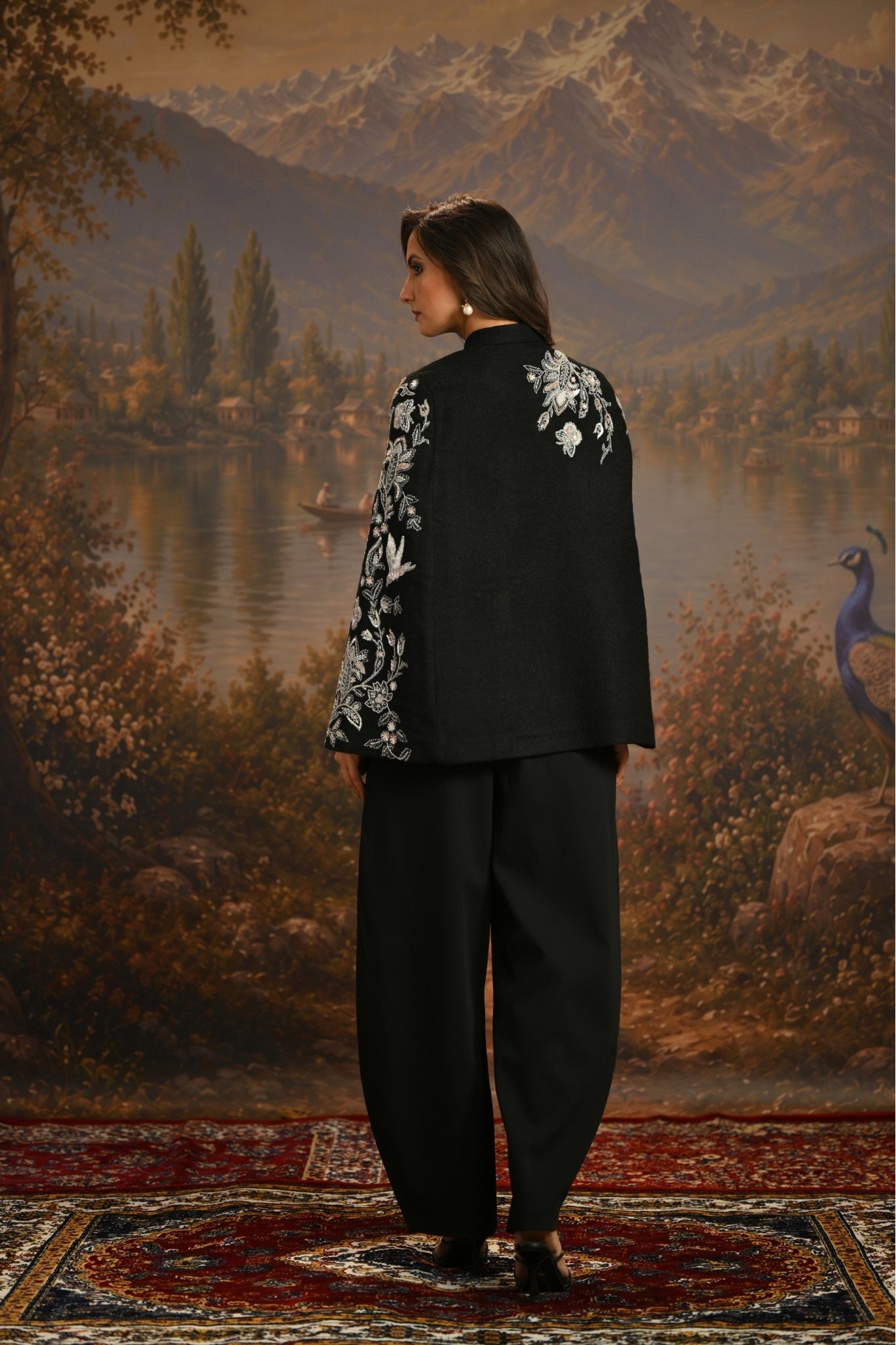 Black Embroidered Blooming Birds Cape Taroob
