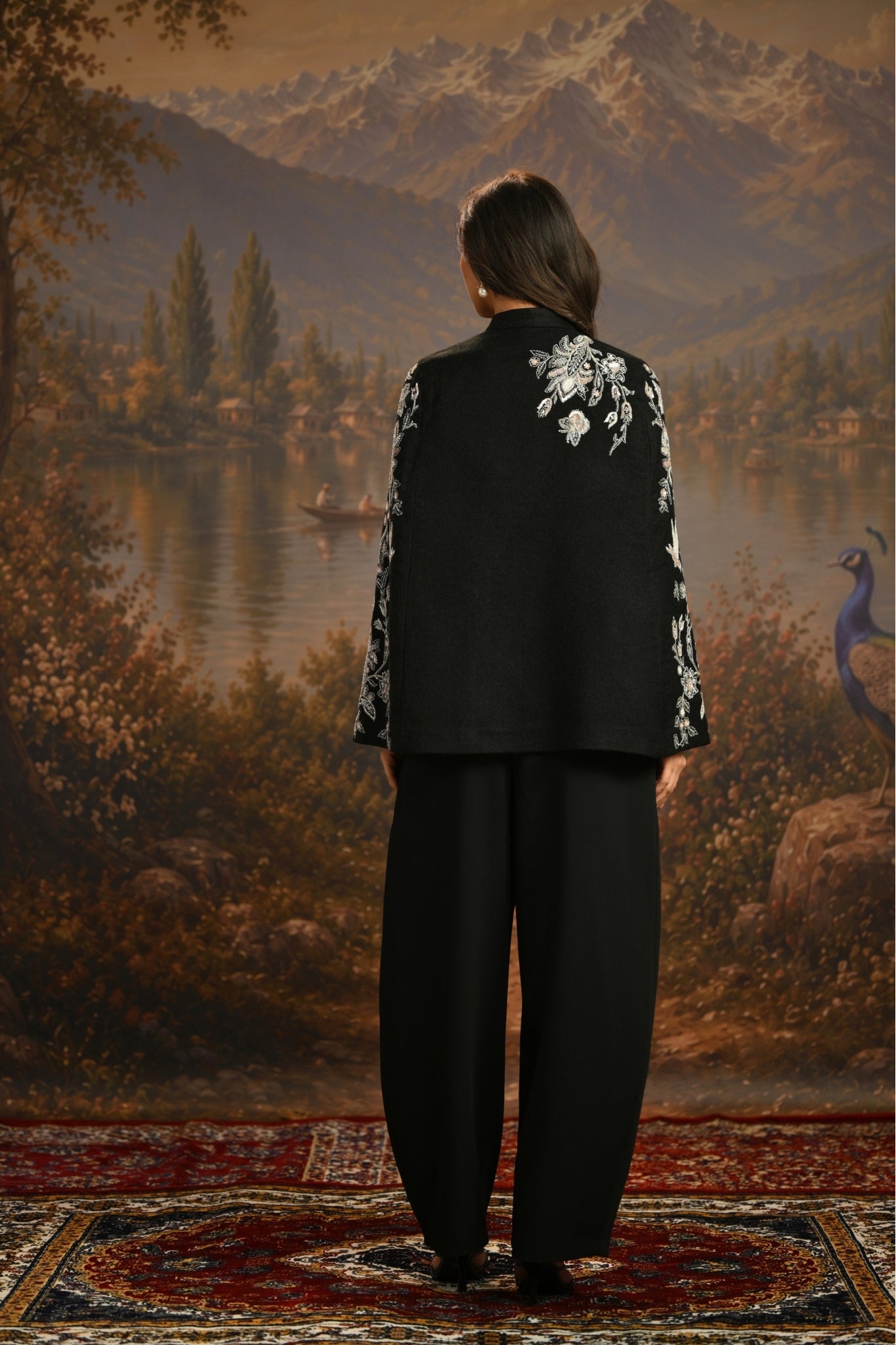 Black Embroidered Blooming Birds Cape Taroob