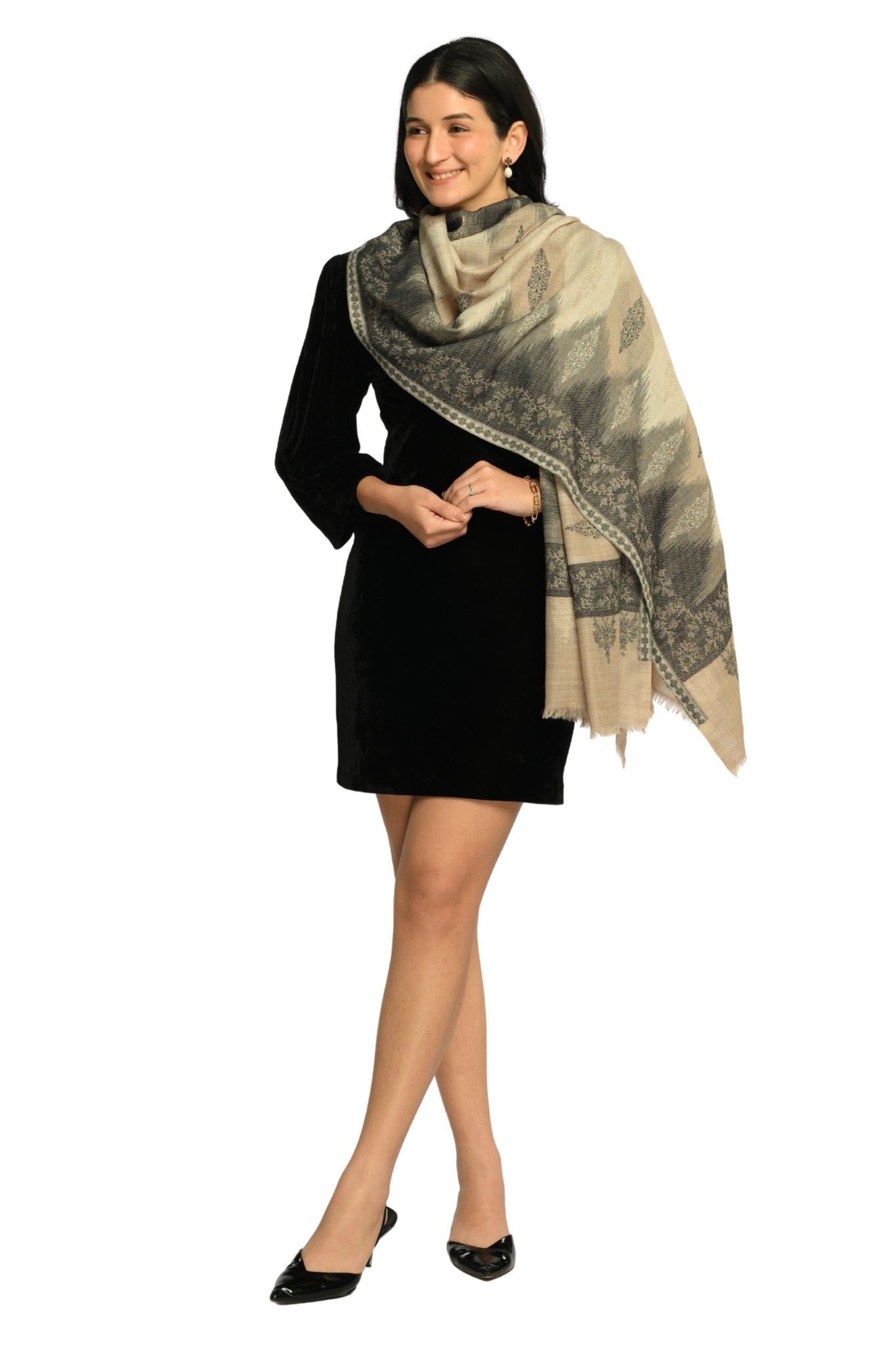 Women's Beige Ikat Kaani Jacquard Wool Stole Taroob