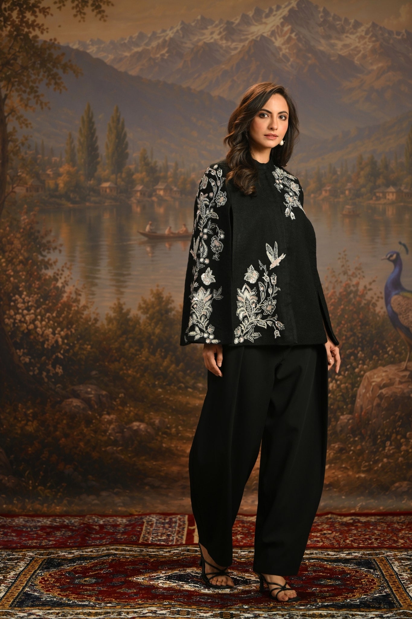 Black Embroidered Blooming Birds Cape Taroob