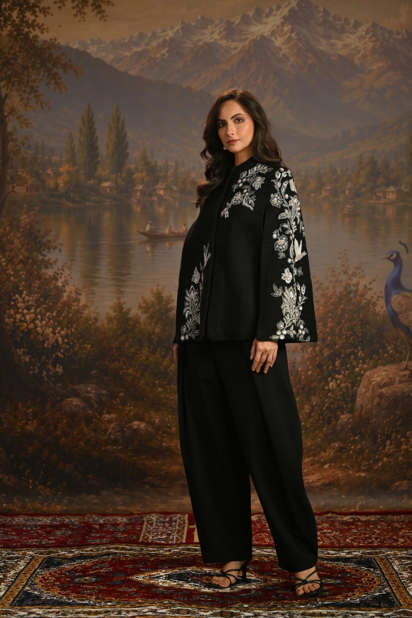 Black Embroidered Blooming Birds Cape Taroob