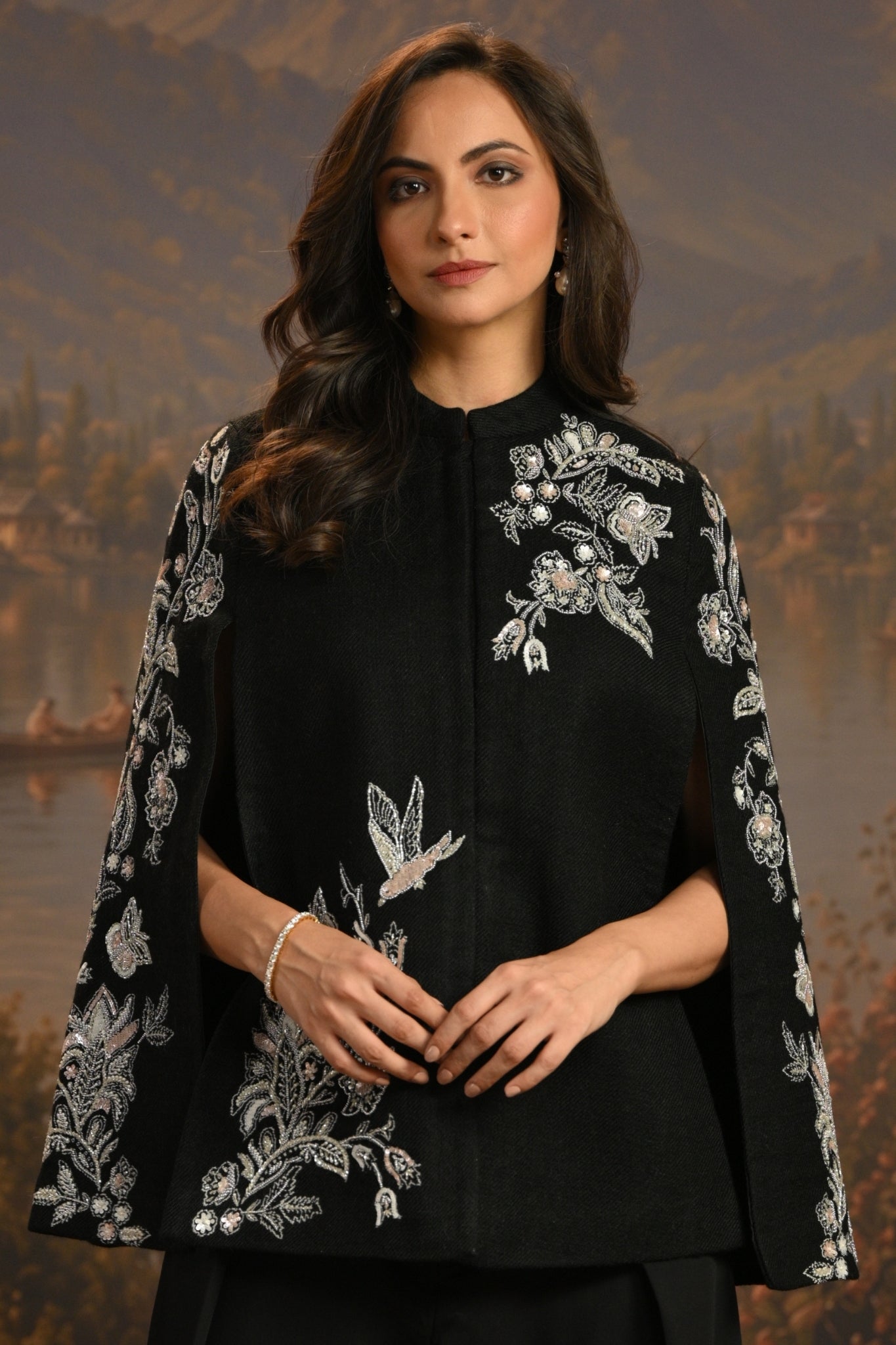 Black Embroidered Blooming Birds Cape Taroob