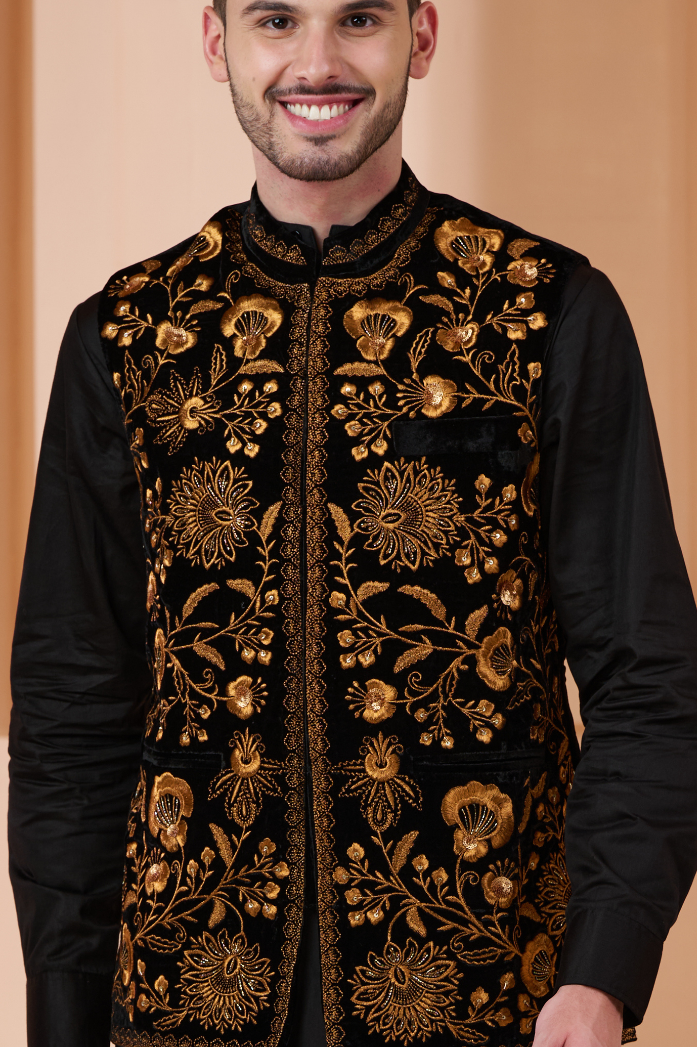 Taroob Embroidered Velvet Vogue Nehru Jacket , Men's Bandi