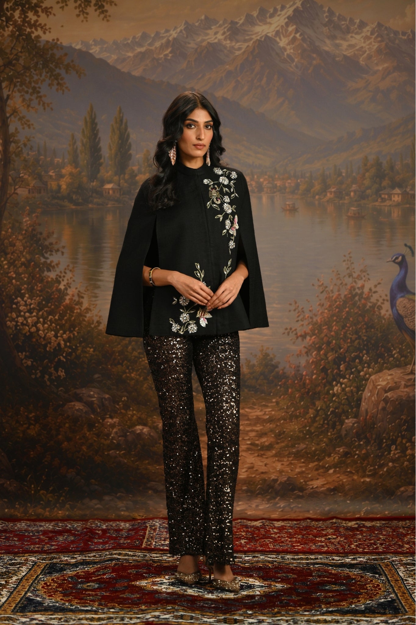 Black Embroidered Nocturnal Garden Jewel Cape Taroob