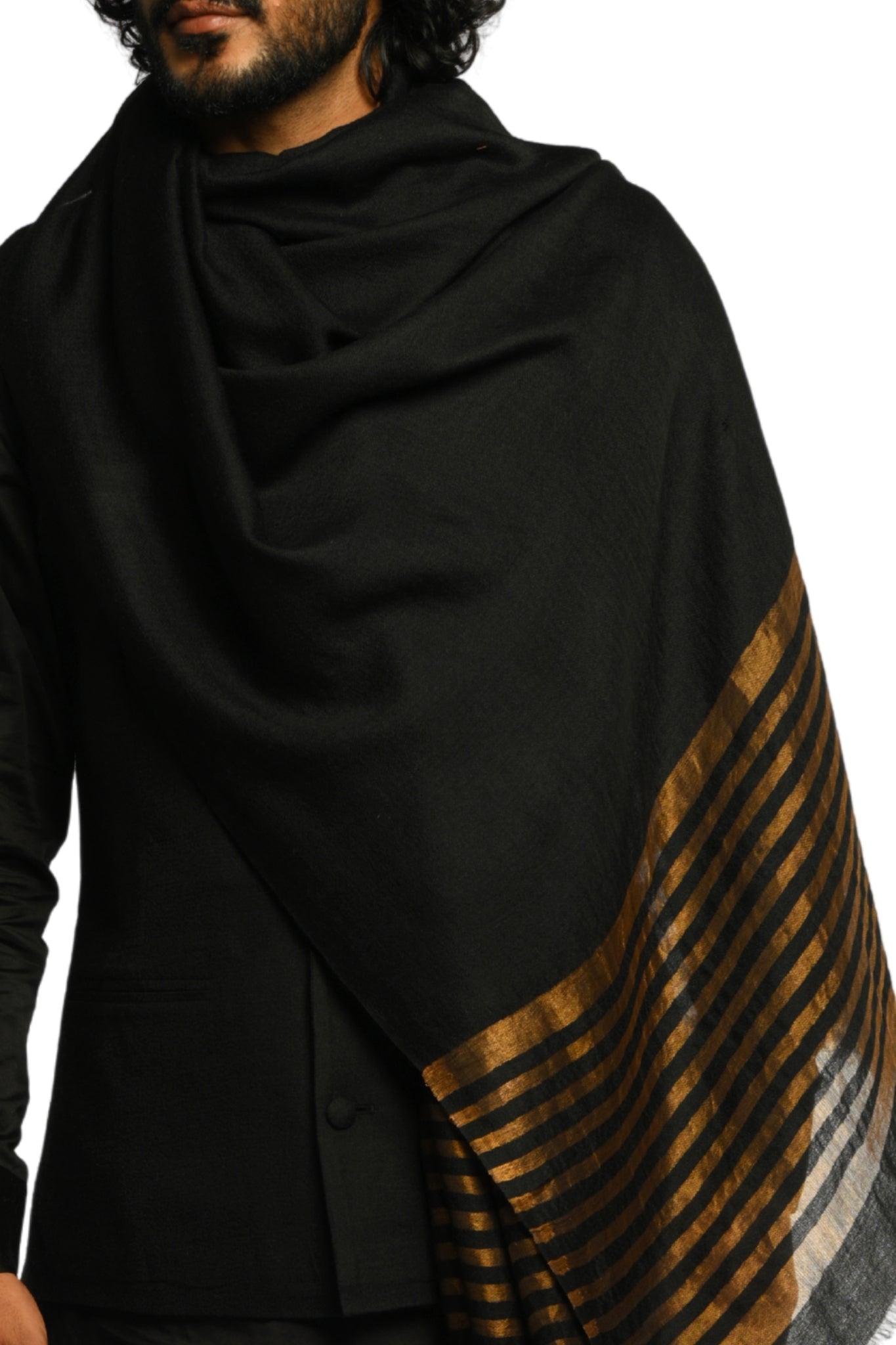 Men's Black Zari Stripe Wool Scarf Taroob