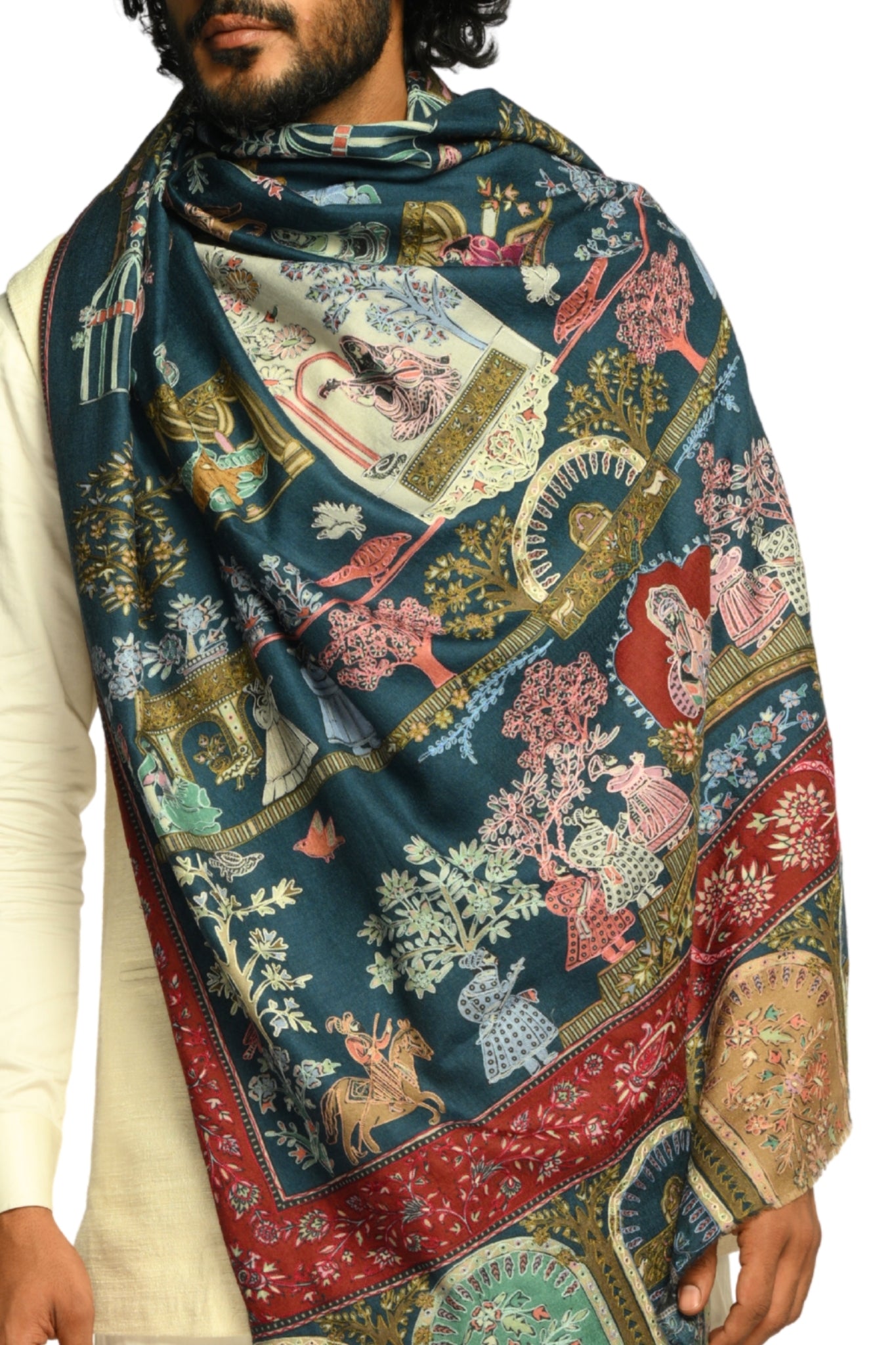 Taroob Shahi Darbar Kalamkari Wool Shawl