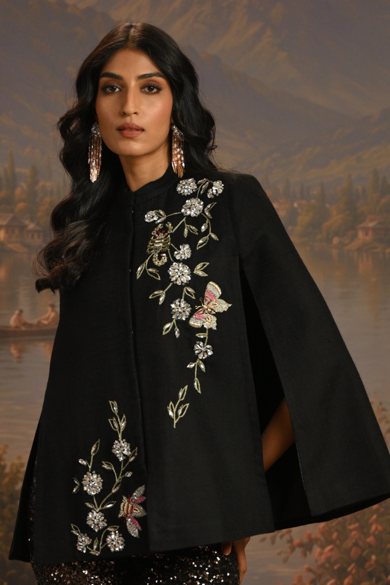 Black Embroidered Nocturnal Garden Jewel Cape Taroob