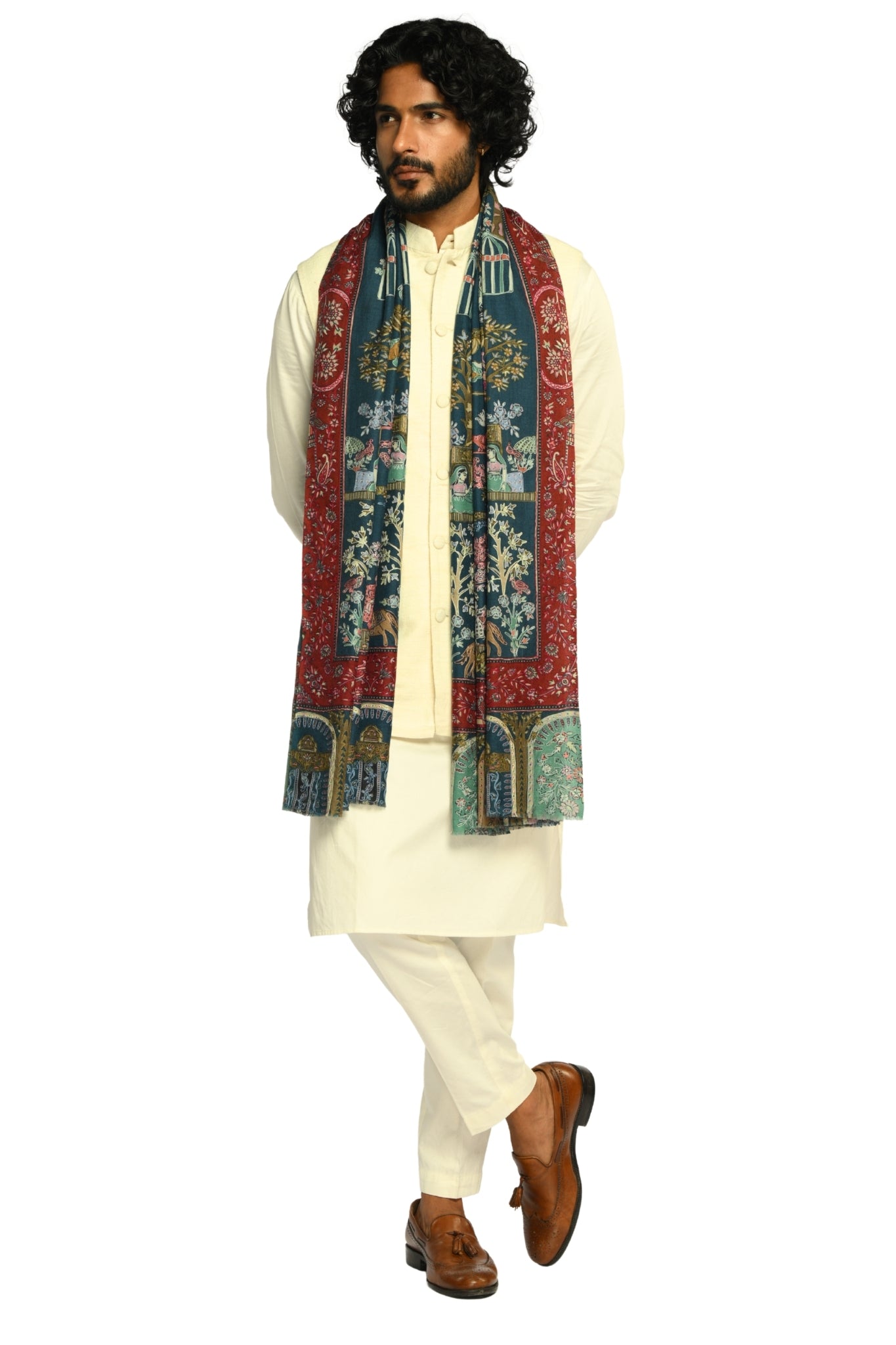 Taroob Shahi Darbar Kalamkari Wool Shawl