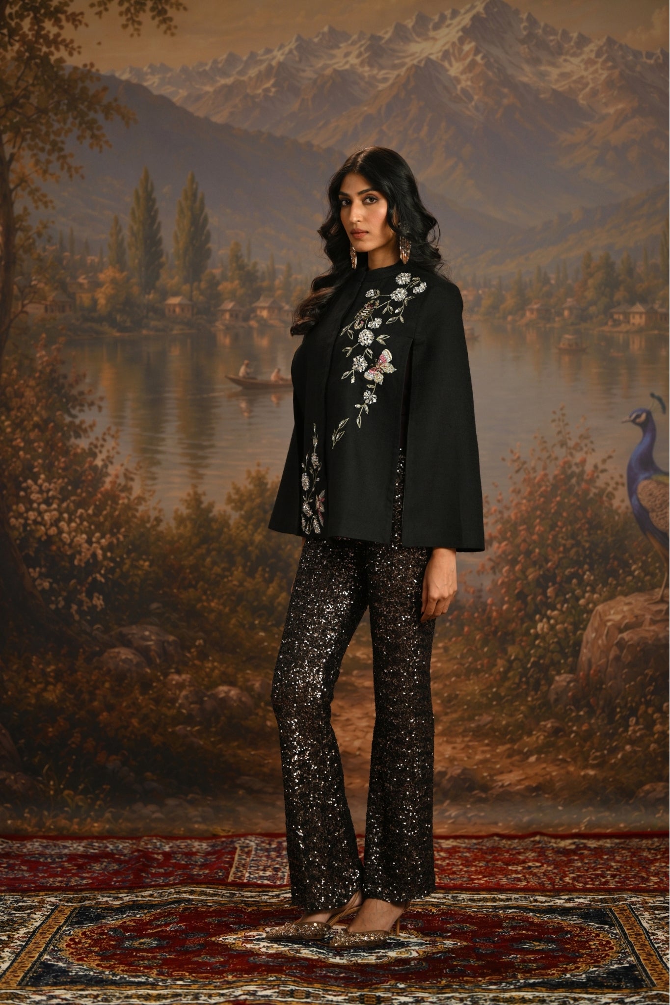 Black Embroidered Nocturnal Garden Jewel Cape Taroob
