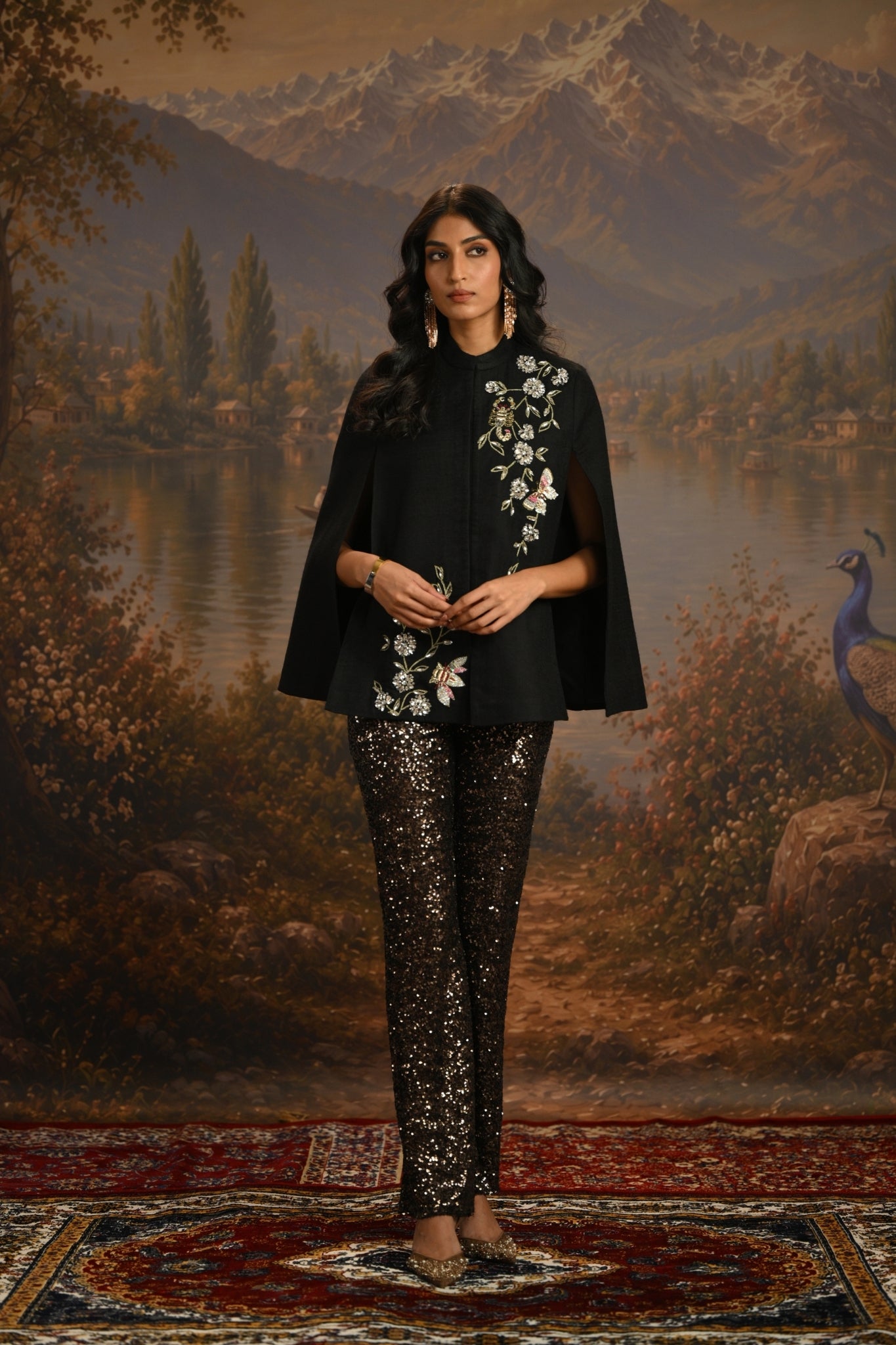 Black Embroidered Nocturnal Garden Jewel Cape Taroob