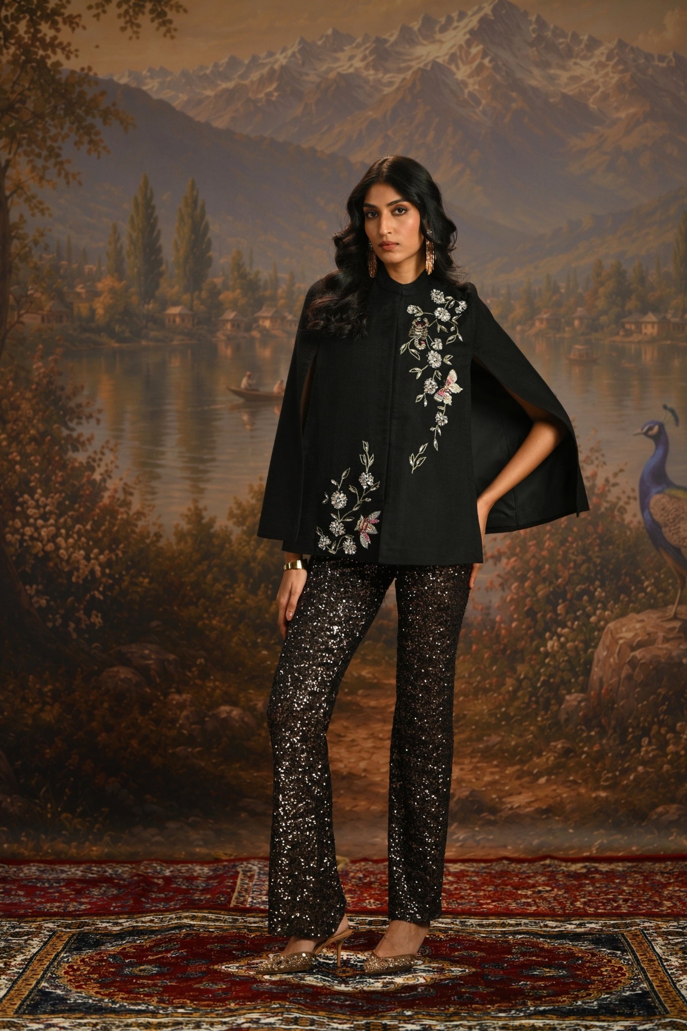 Black Embroidered Nocturnal Garden Jewel Cape Taroob