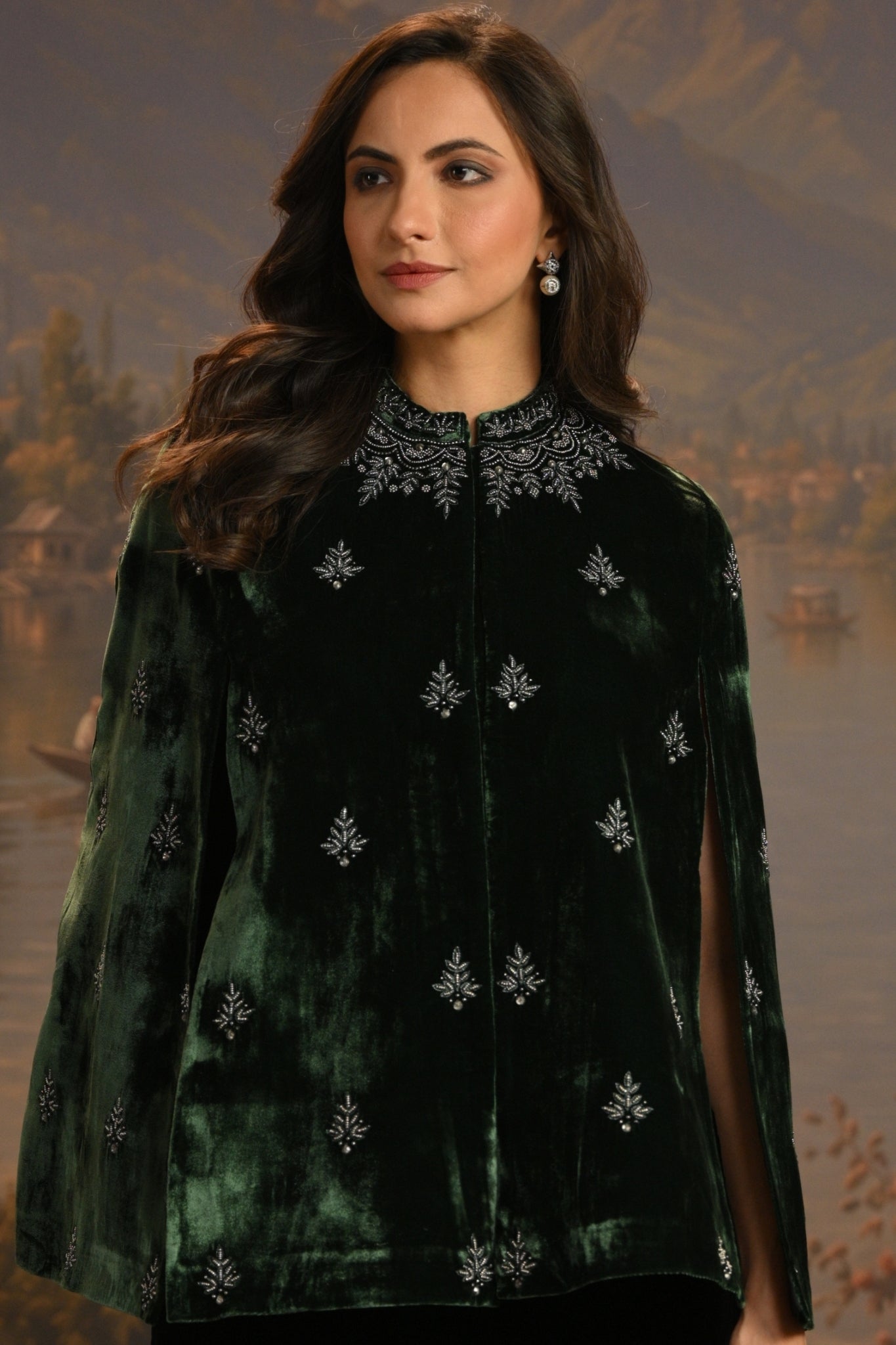 Green Embroidered Jewelled Velvet Cape Taroob