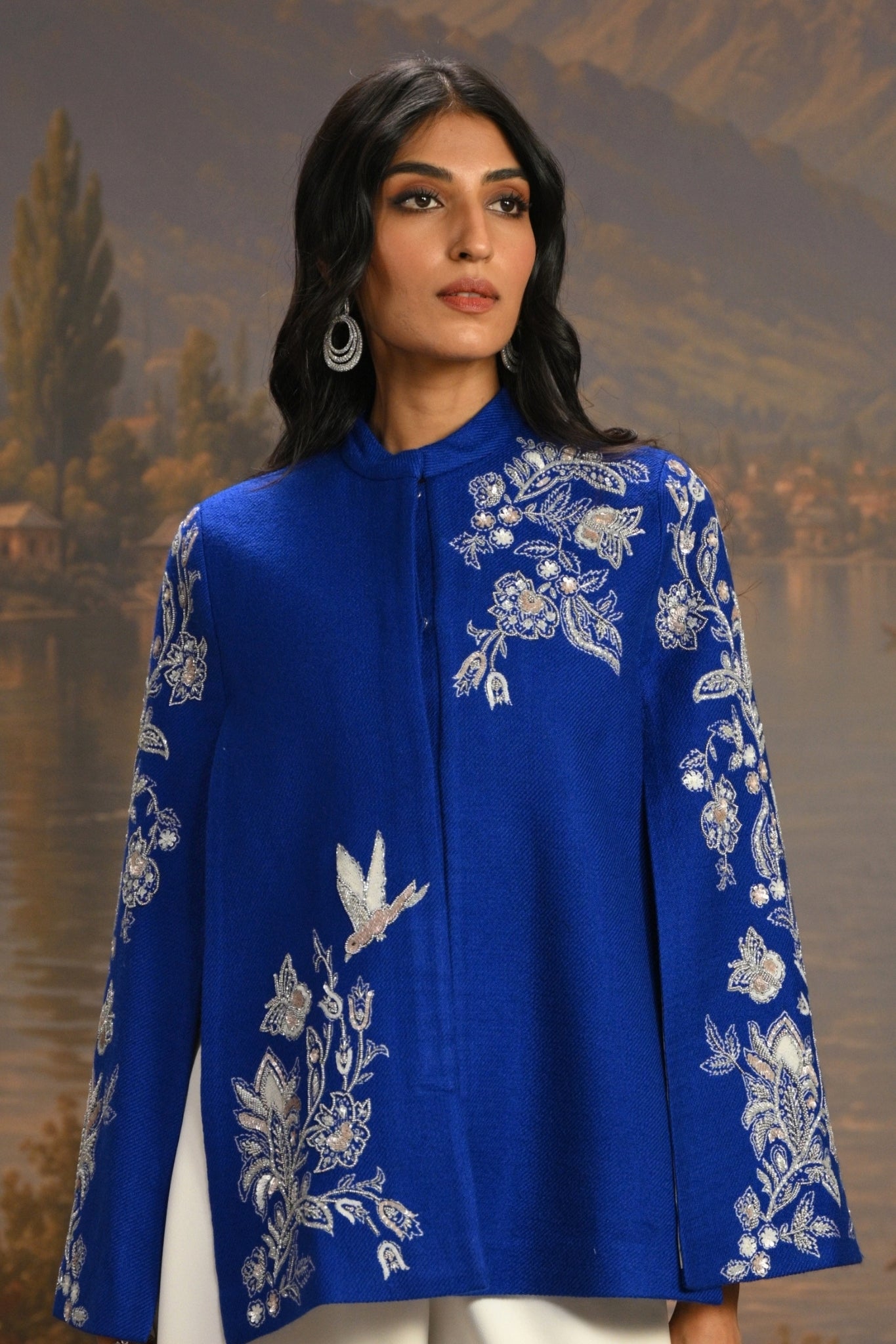 Blue Embroidered Blooming Birds Cape Taroob