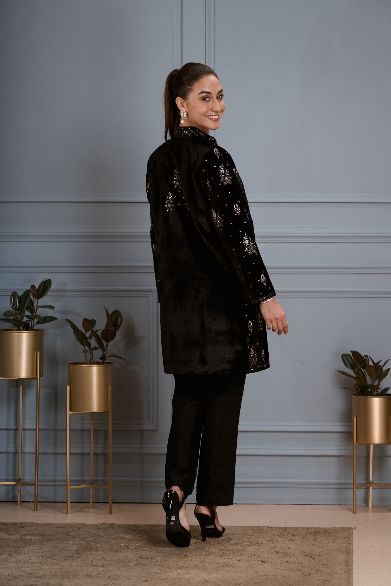 Taroob Hand Embellished Velvet Long Coat