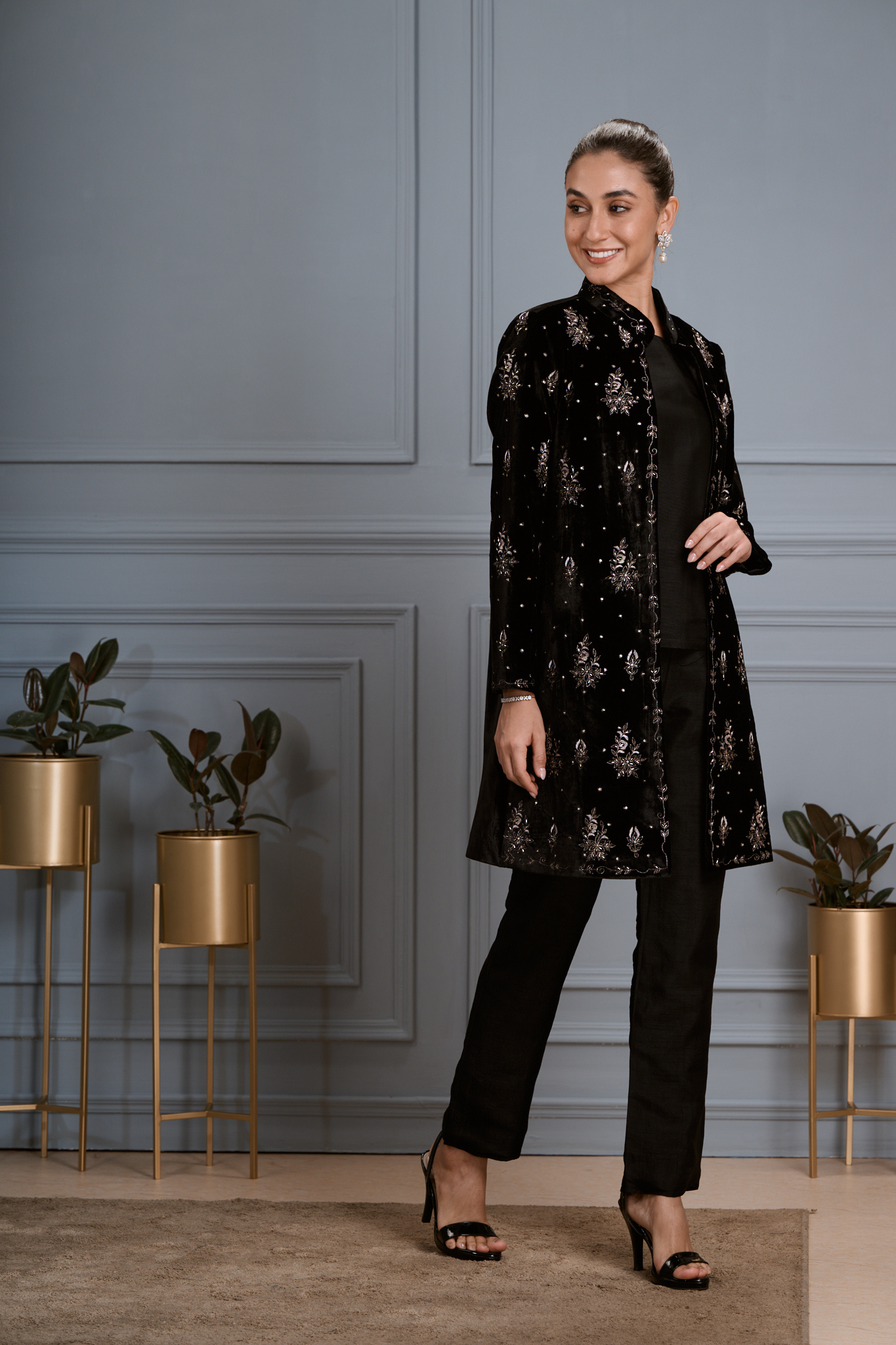 Taroob Hand Embellished Velvet Long Coat