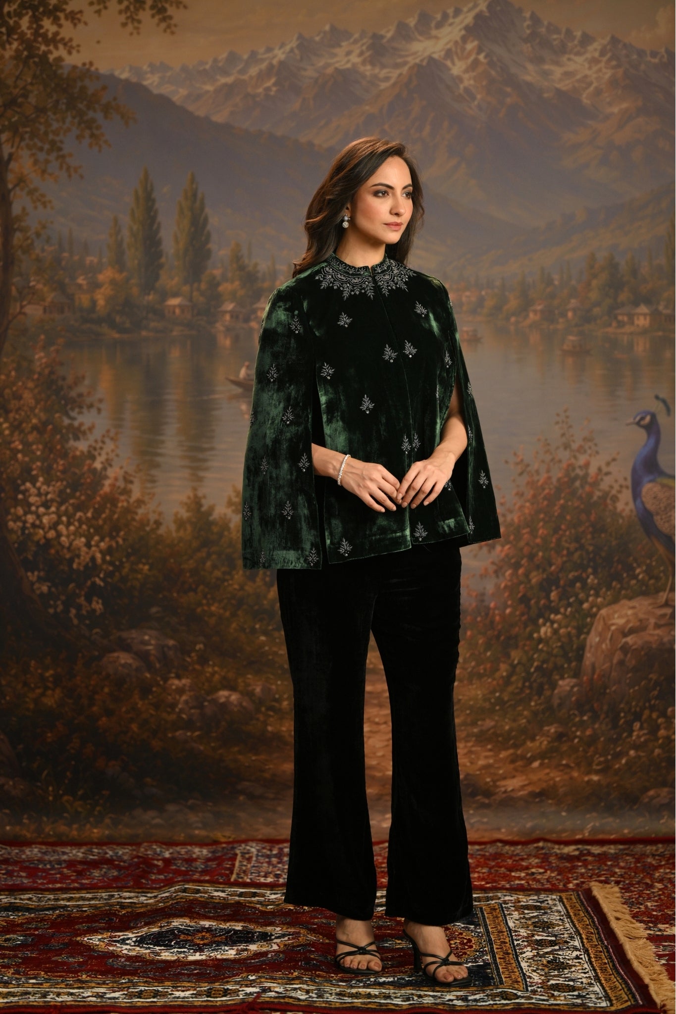 Green Embroidered Jewelled Velvet Cape Taroob