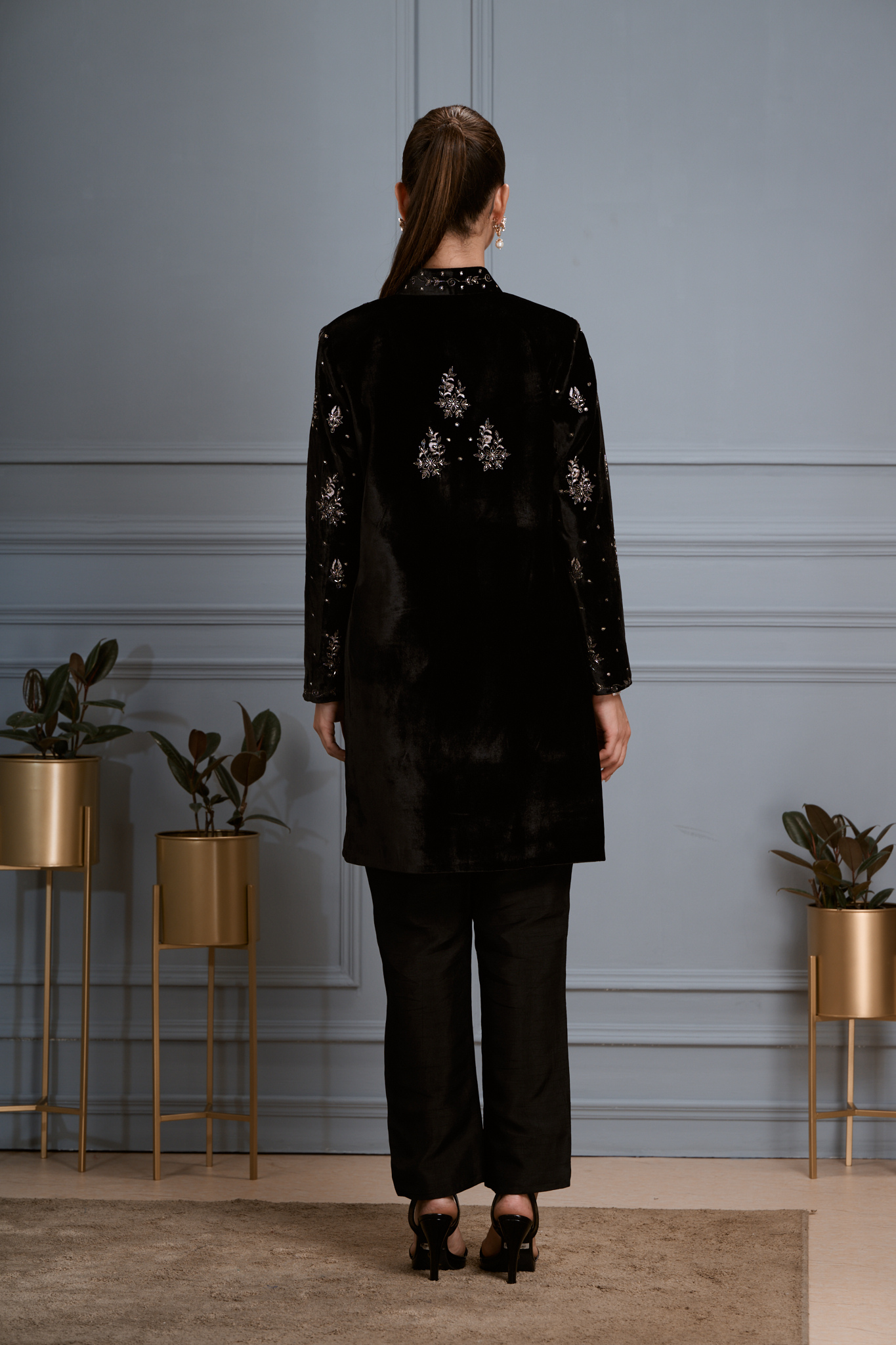 Taroob Hand Embellished Velvet Long Coat