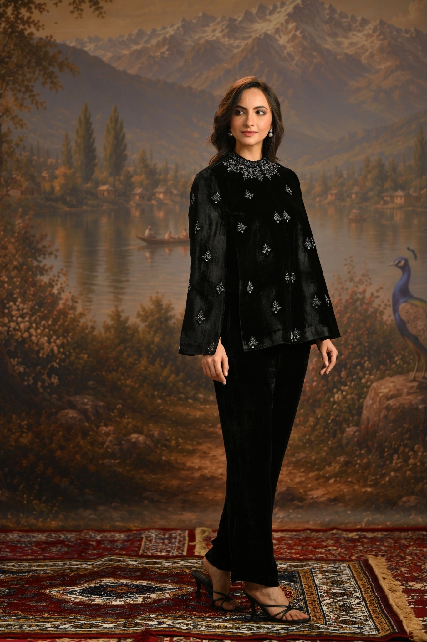 Black Embroidered Jewelled Velvet Cape Taroob