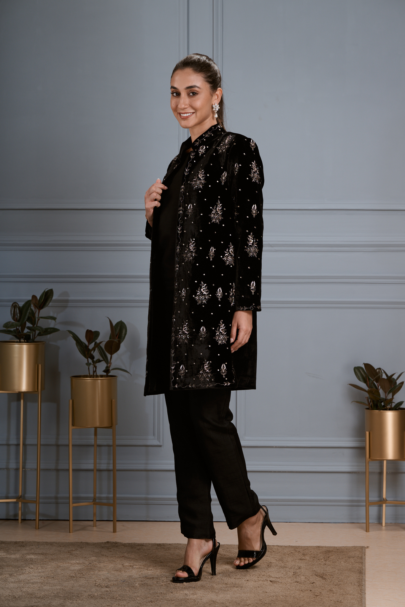 Taroob Hand Embellished Velvet Long Coat