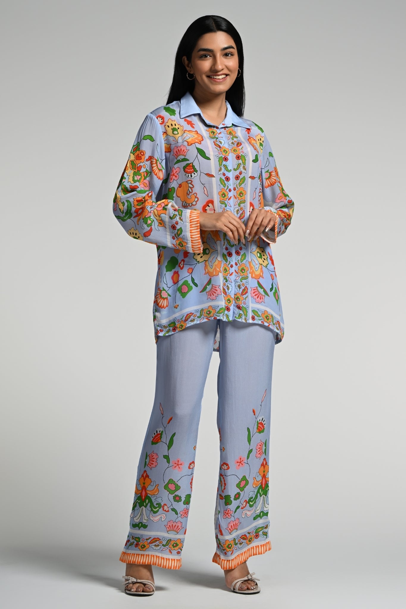 Blue Floral Utopia Co-ord Set – Women's Coords & Shirts – Styling view | Taroob