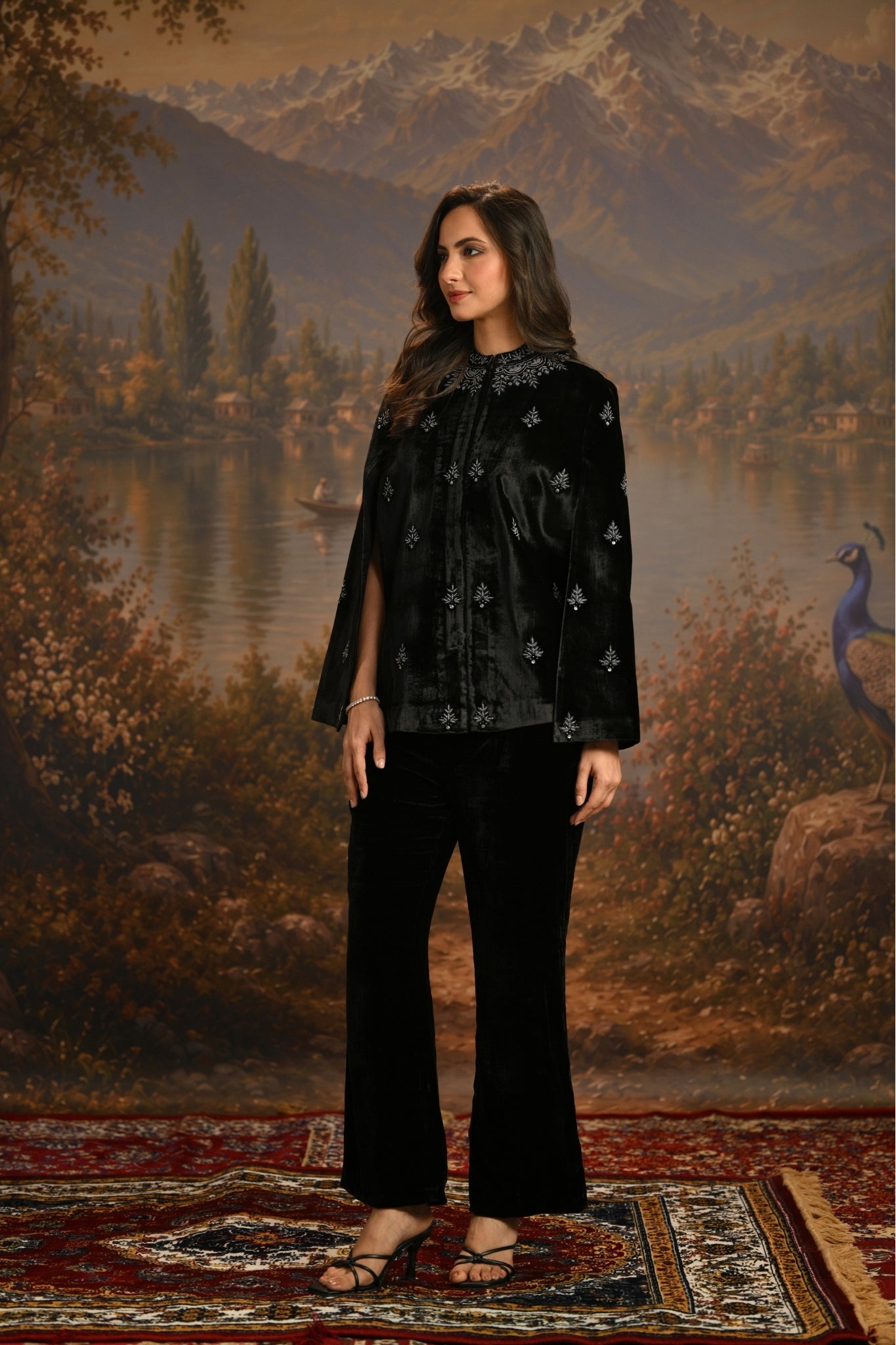 Black Embroidered Jewelled Velvet Cape Taroob