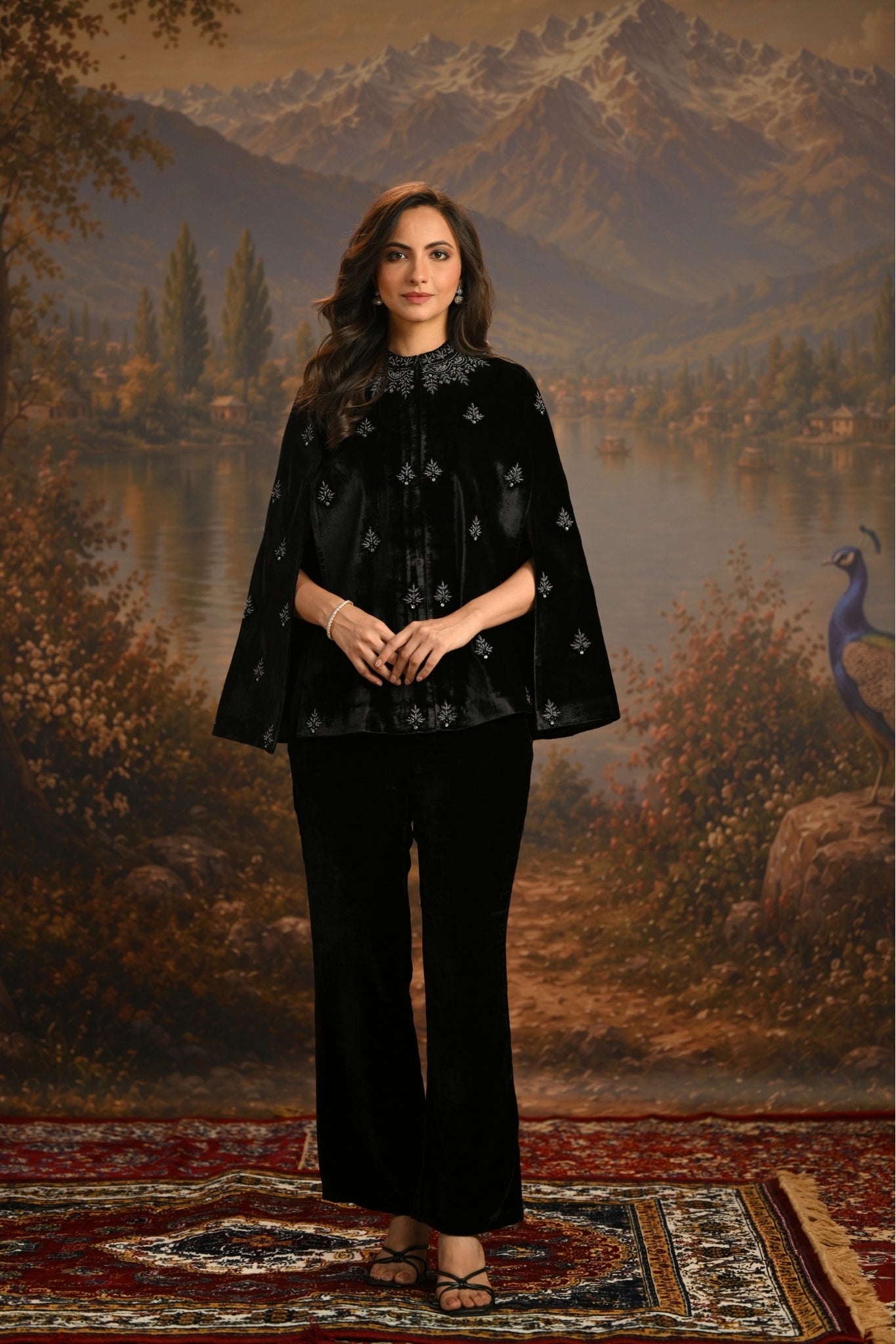 Black Embroidered Jewelled Velvet Cape Taroob