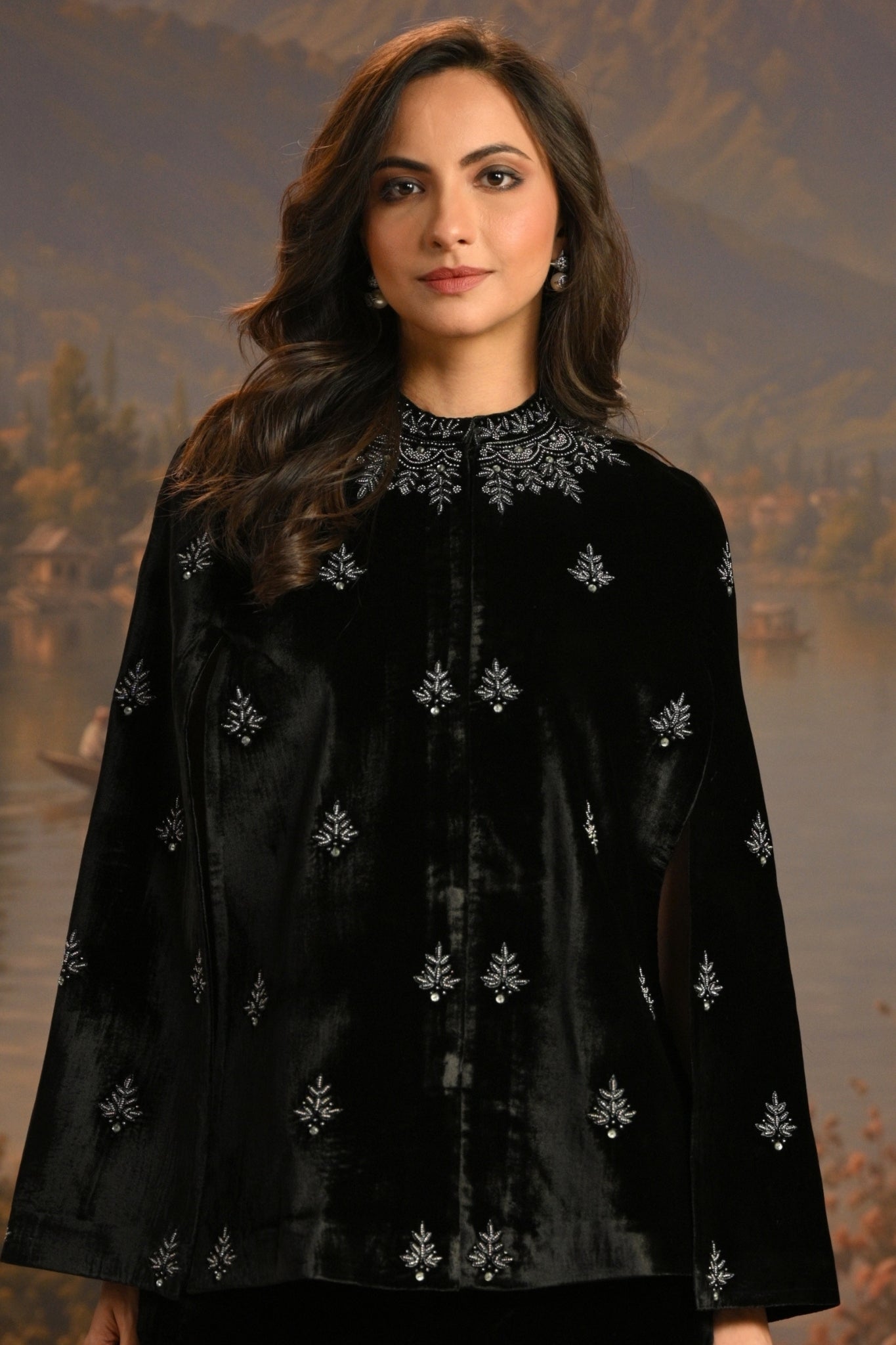 Black Embroidered Jewelled Velvet Cape Taroob